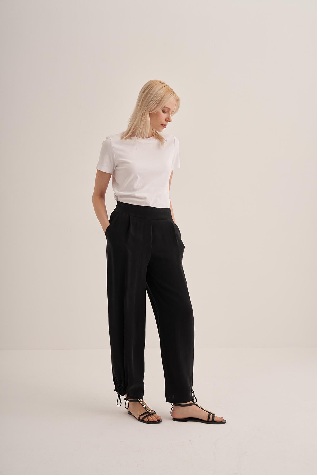 Cupro Trousers with Ankle Gathering Detail
