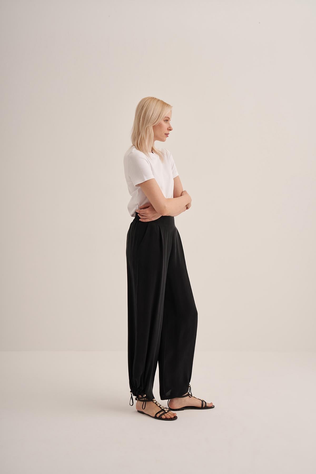 Cupro Trousers with Ankle Gathering Detail