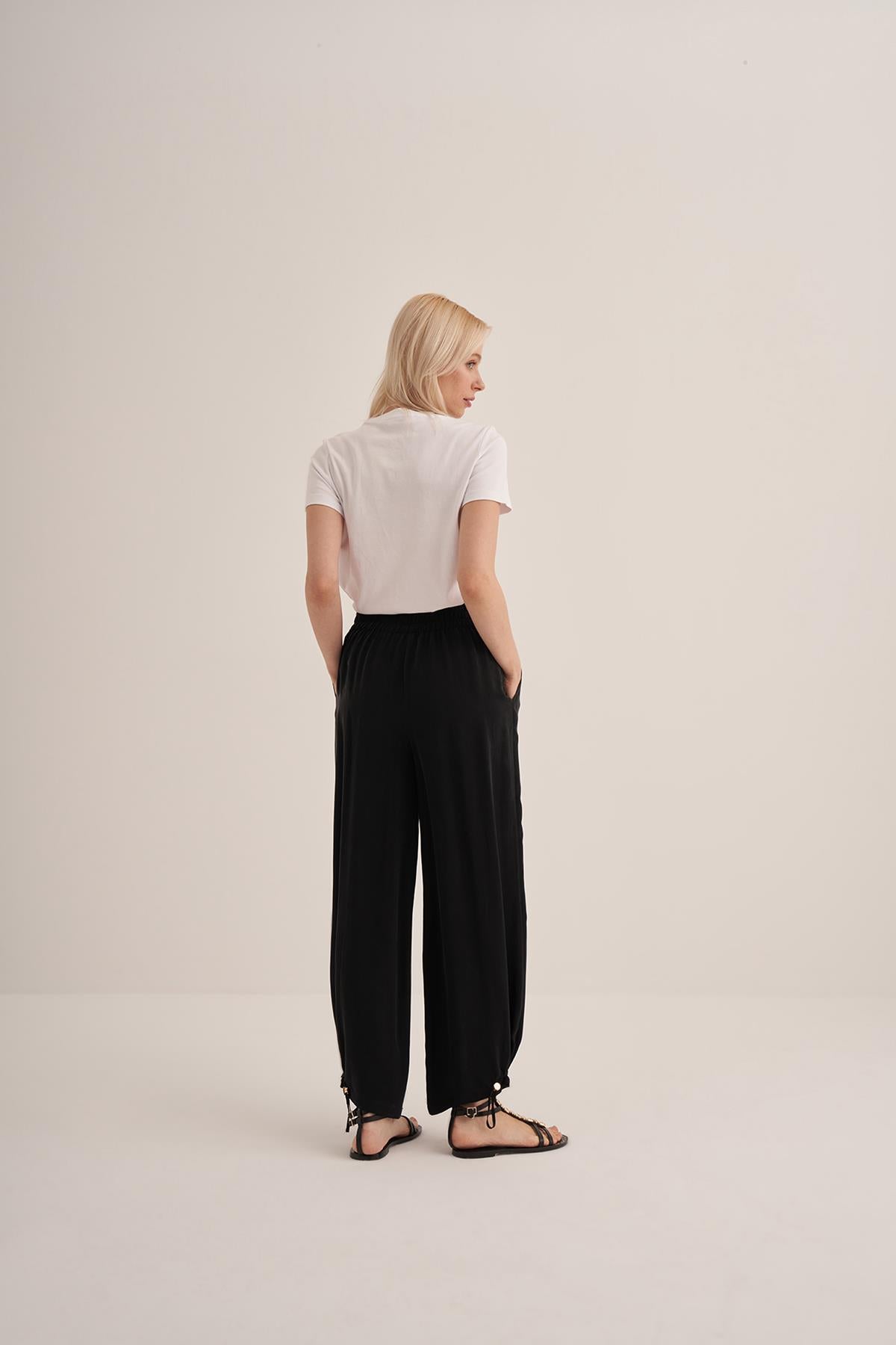 Cupro Trousers with Ankle Gathering Detail