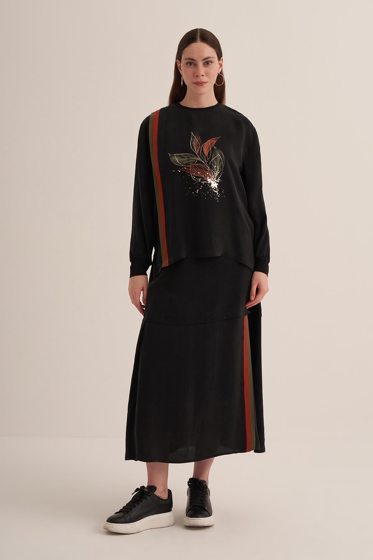 Layered Cupro Skirt with Side Stripe Detail