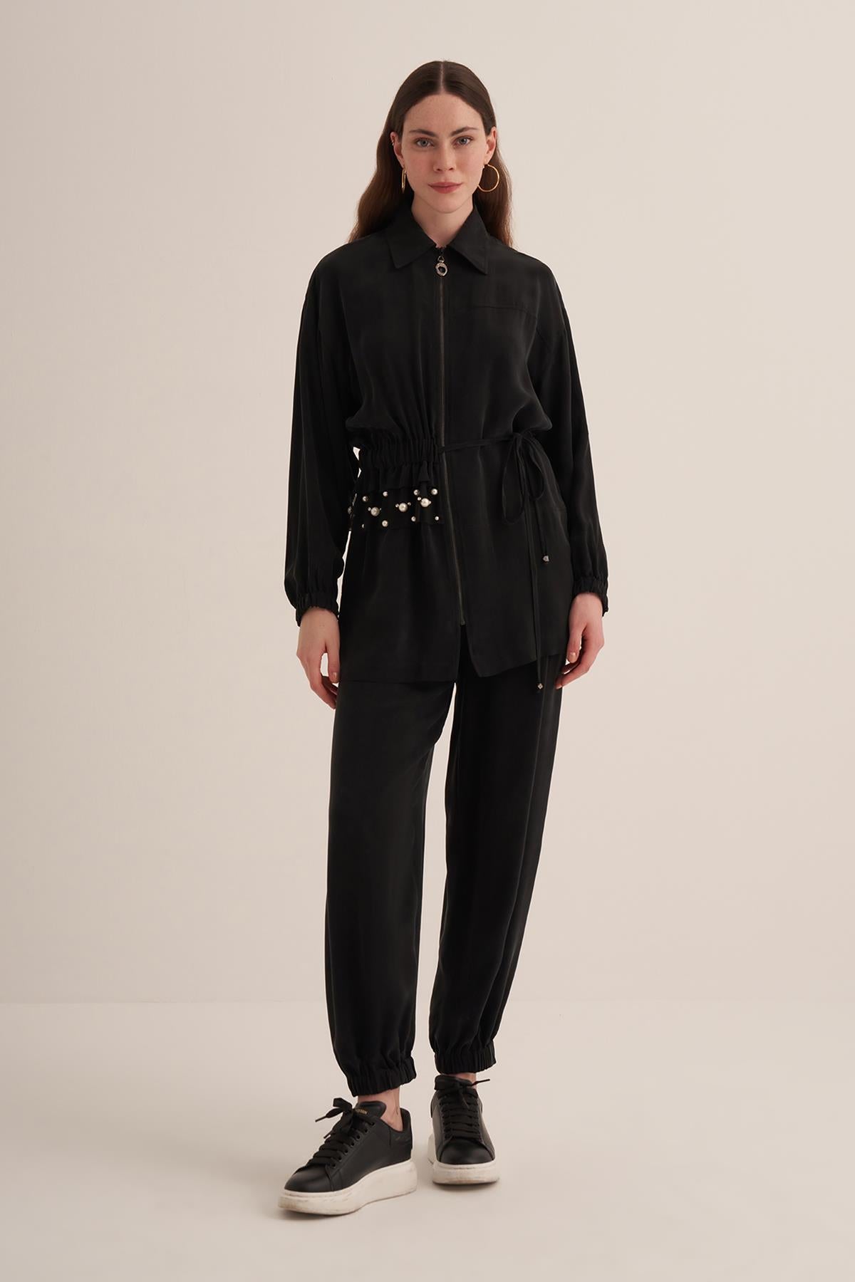 Bel İnci Detaylı Önden Fermuarlı Cupro Bluz