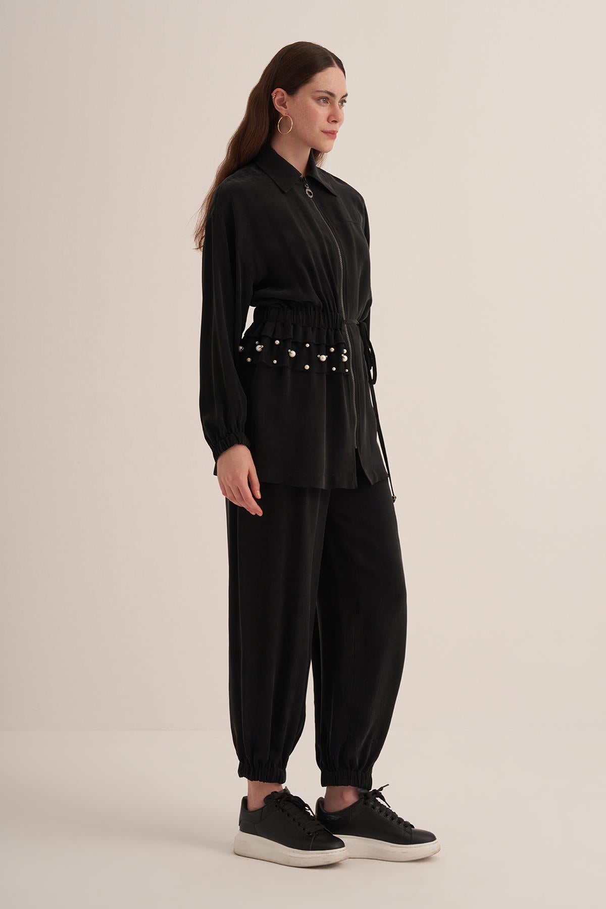 Bel İnci Detaylı Önden Fermuarlı Cupro Bluz