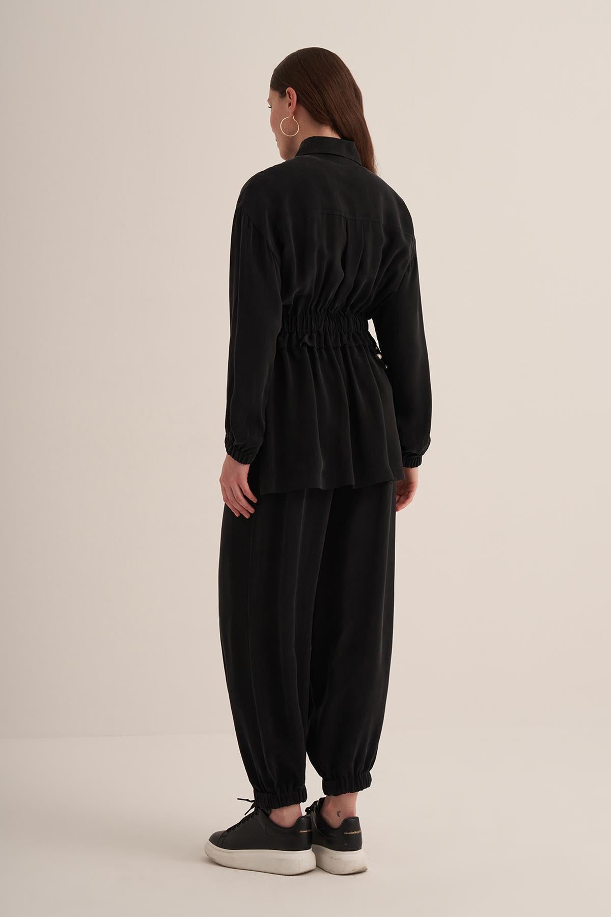 Bel İnci Detaylı Önden Fermuarlı Cupro Bluz