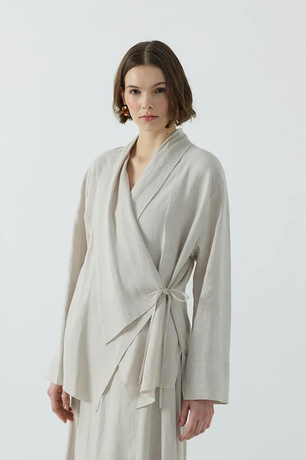 Yan Bağlamalı Keten Kimono