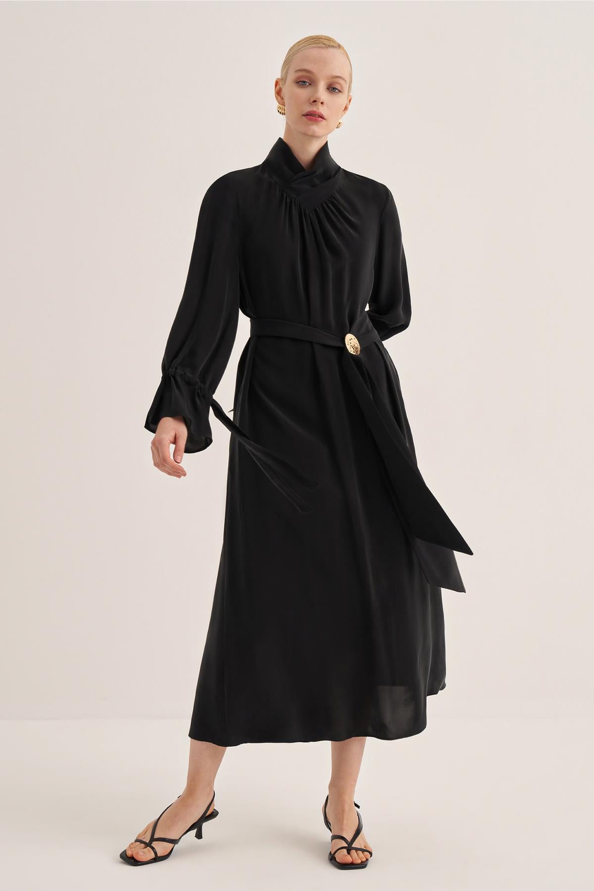High Collar Pleated Cupro Dress