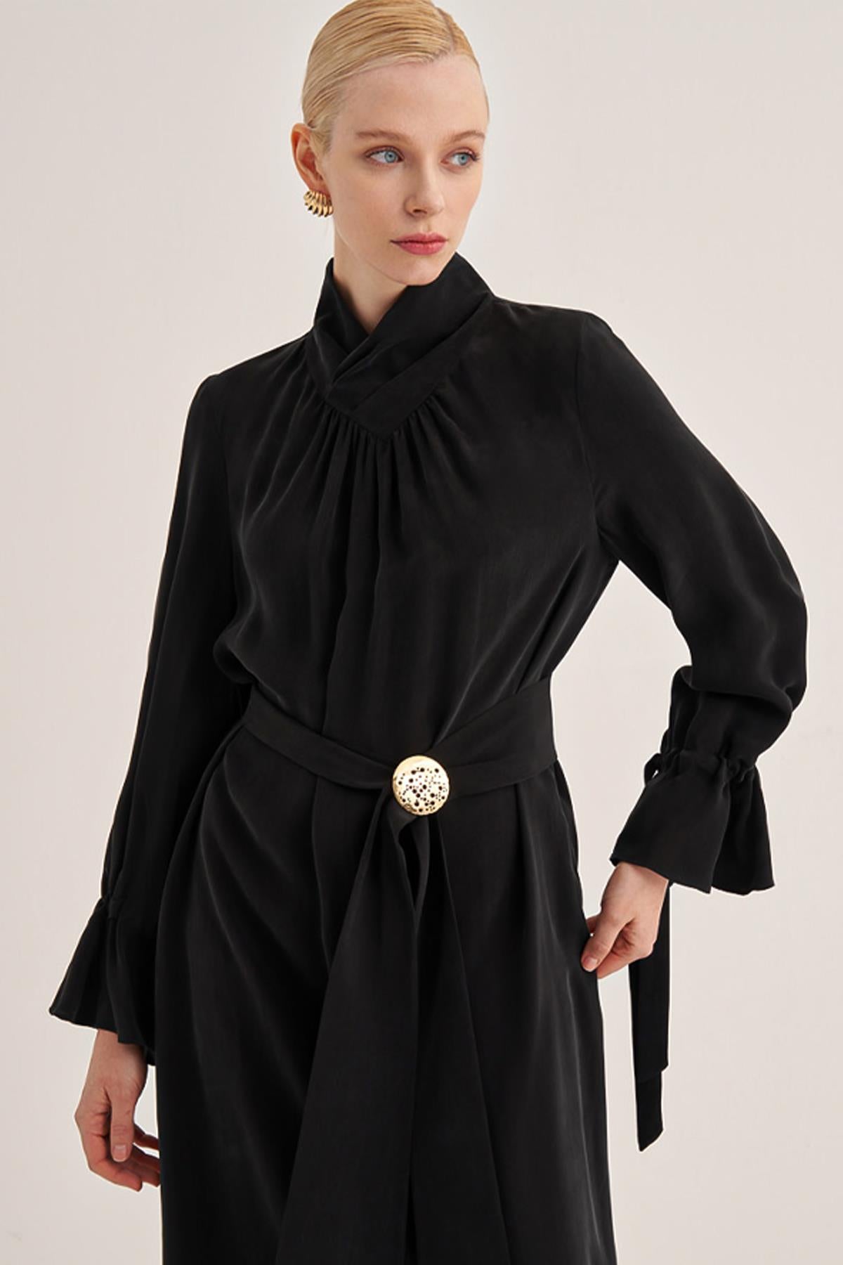 High Collar Pleated Cupro Dress