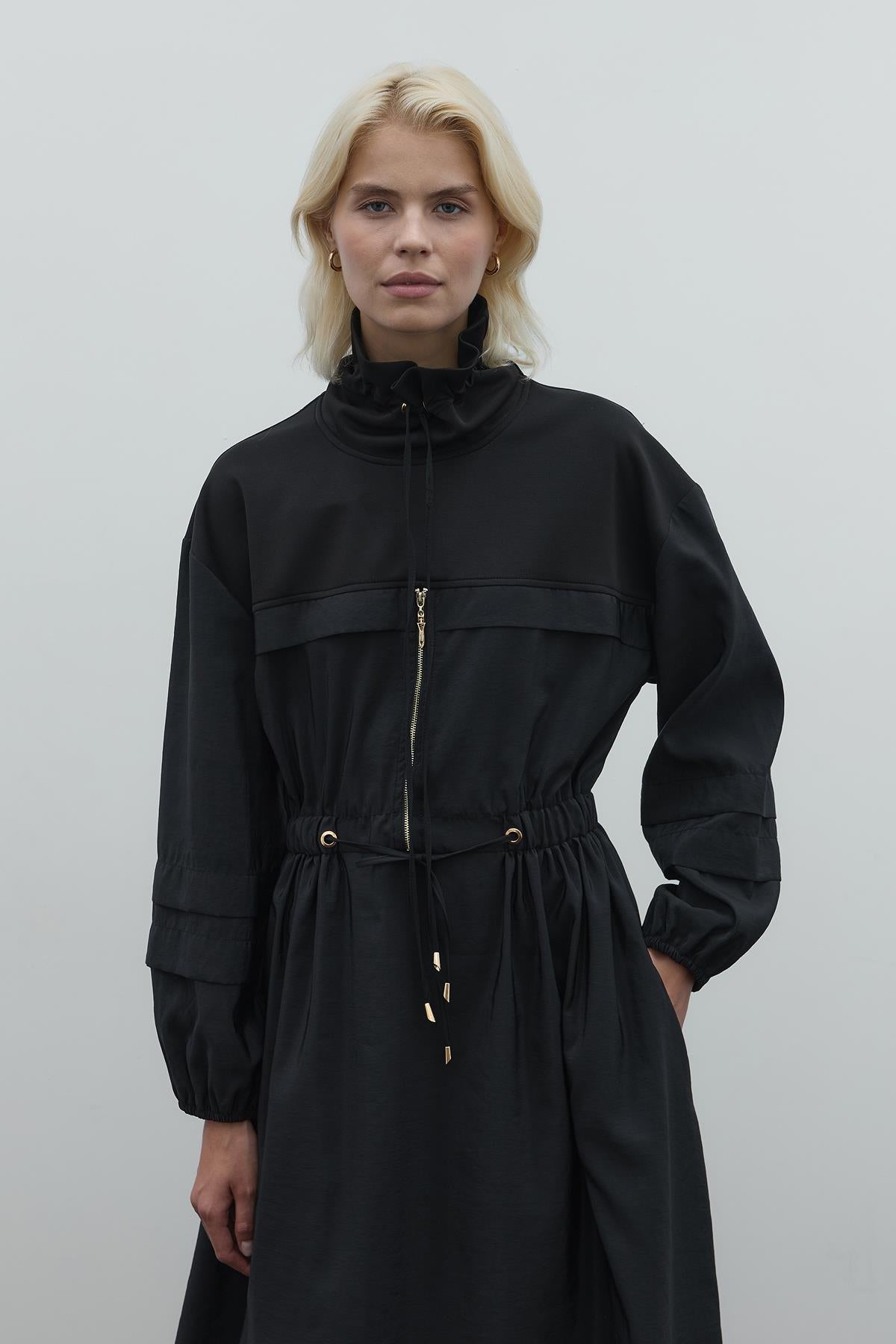 Fermuar Detaylı Bel Büzgülü Paraşüt Elbise