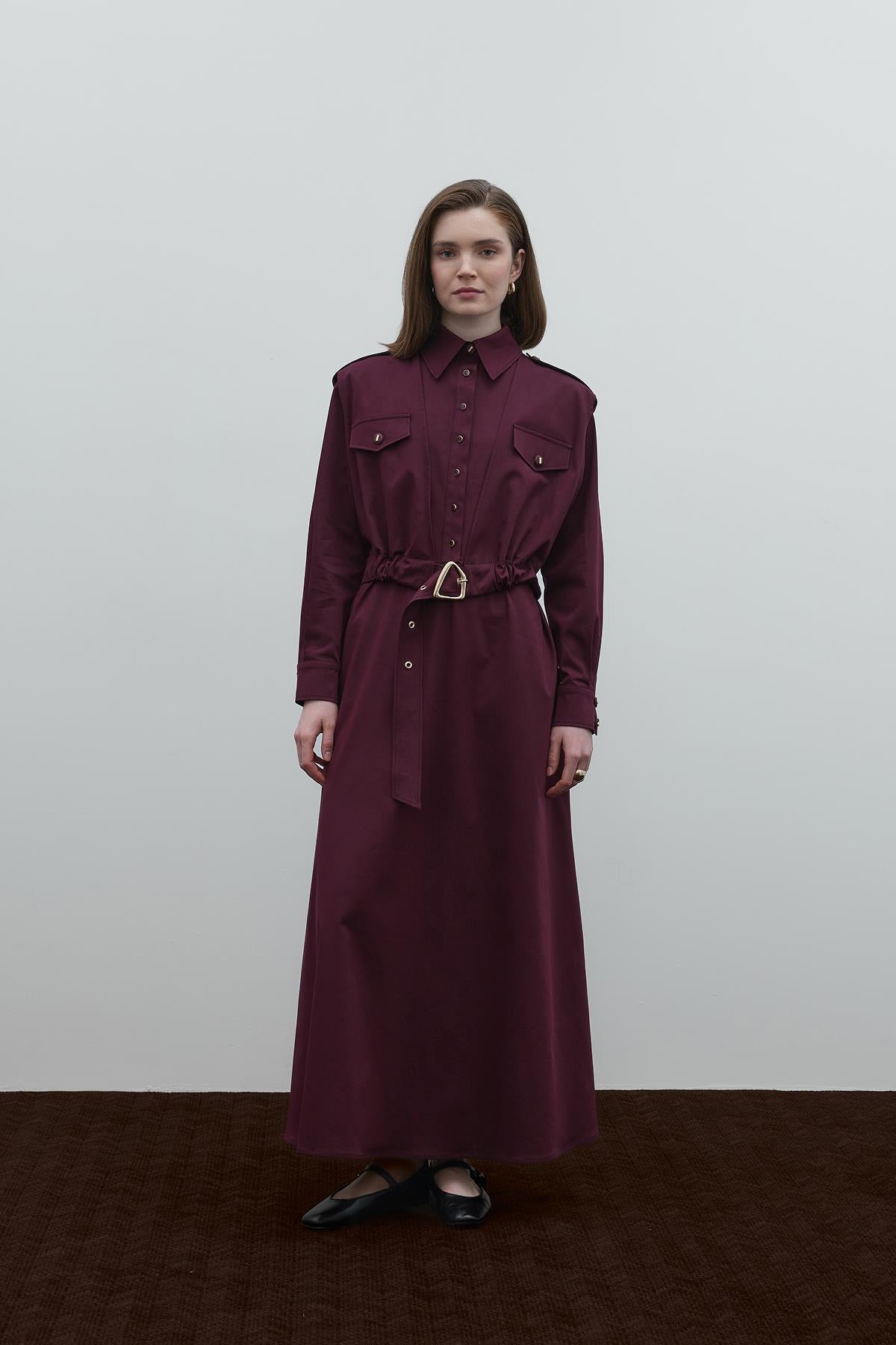 Cep Detaylı Kemerli Cupro Gömlek Elbise