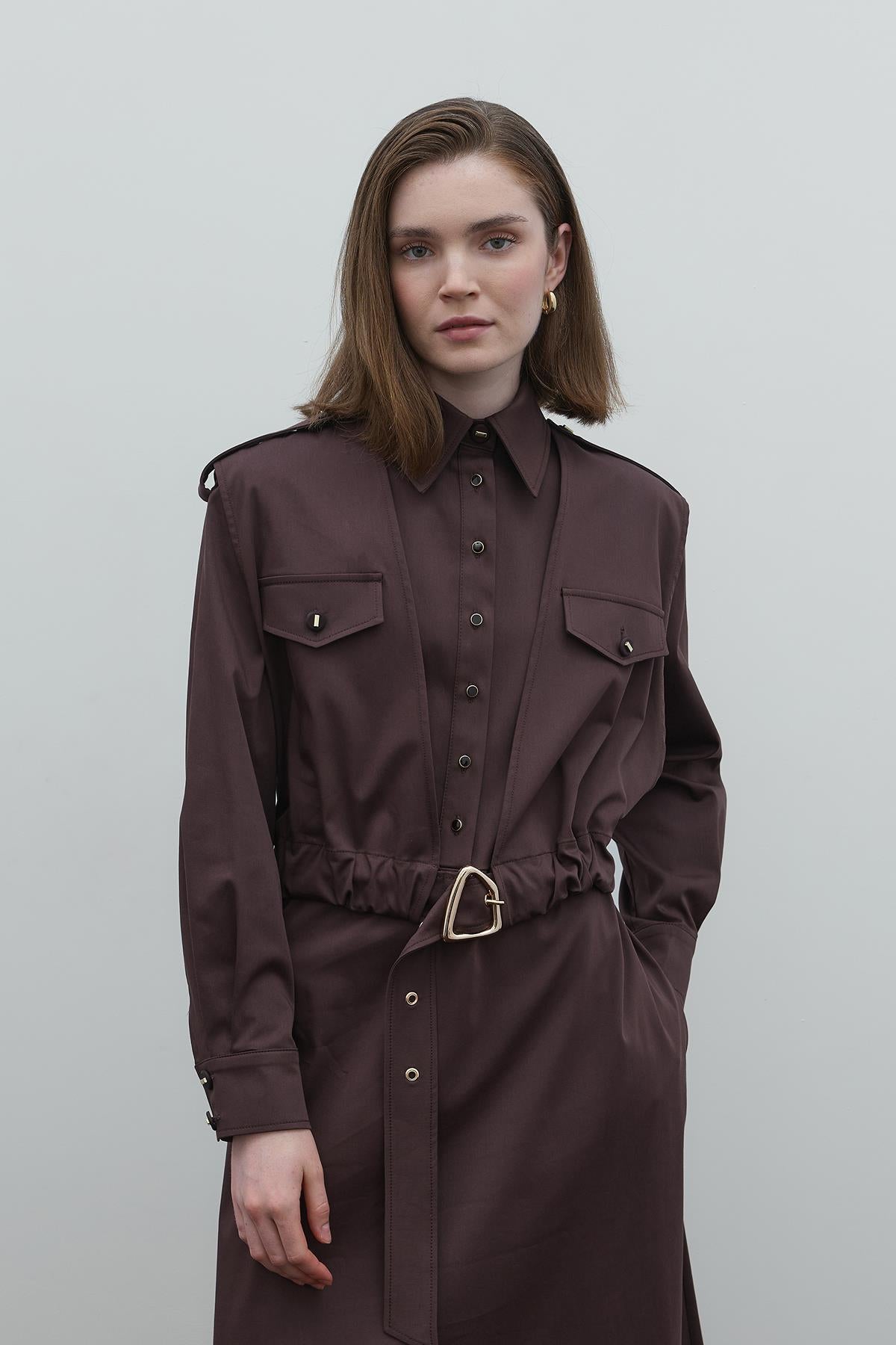 Cep Detaylı Kemerli Cupro Gömlek Elbise