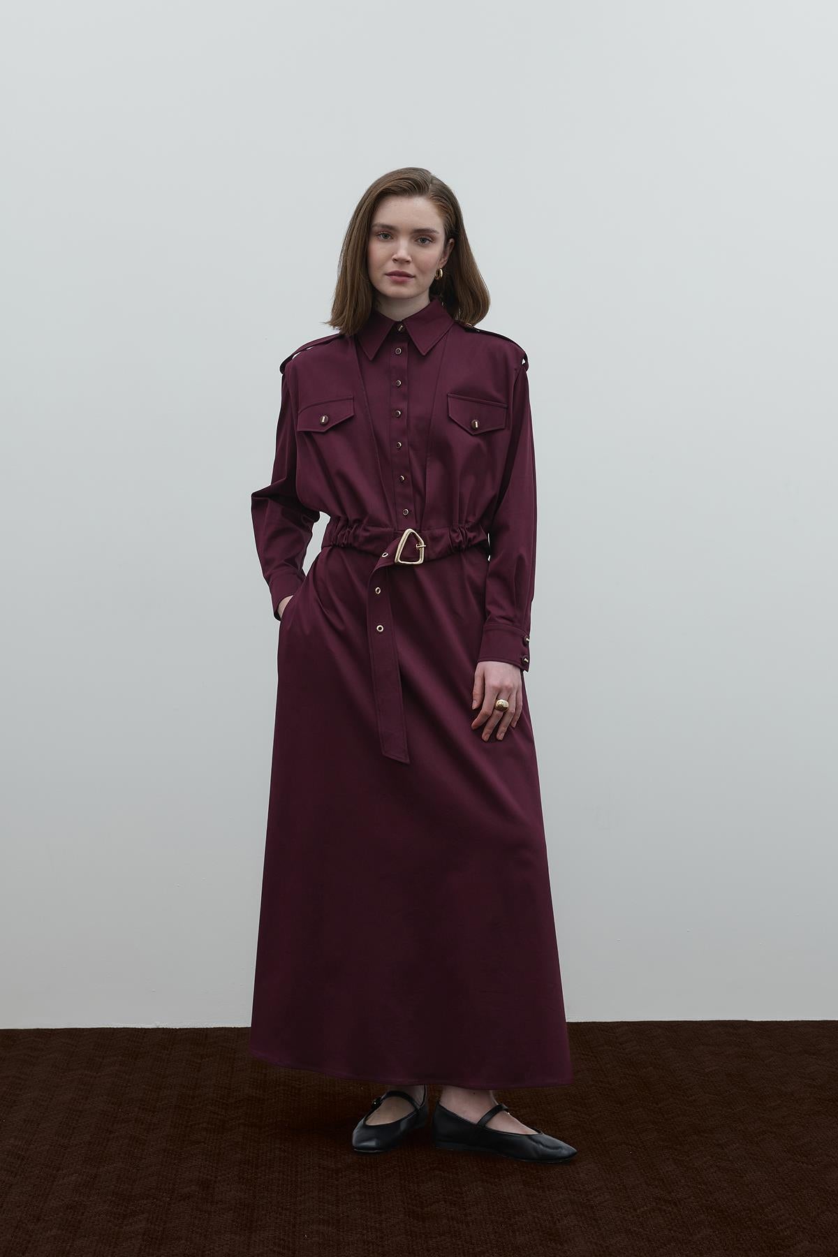 Cep Detaylı Kemerli Cupro Gömlek Elbise