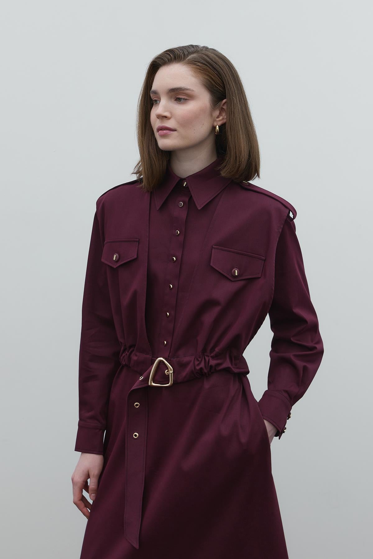 Cep Detaylı Kemerli Cupro Gömlek Elbise