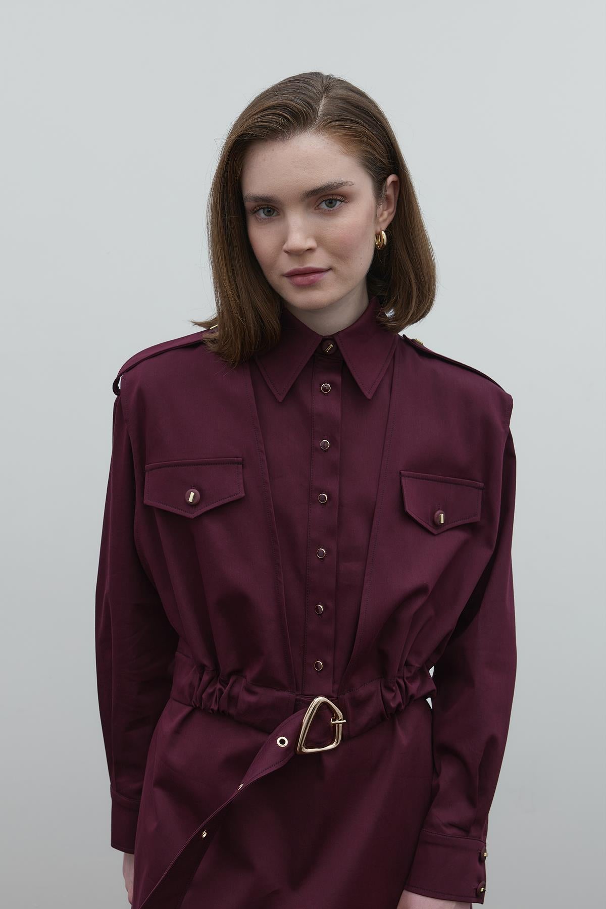 Cep Detaylı Kemerli Cupro Gömlek Elbise