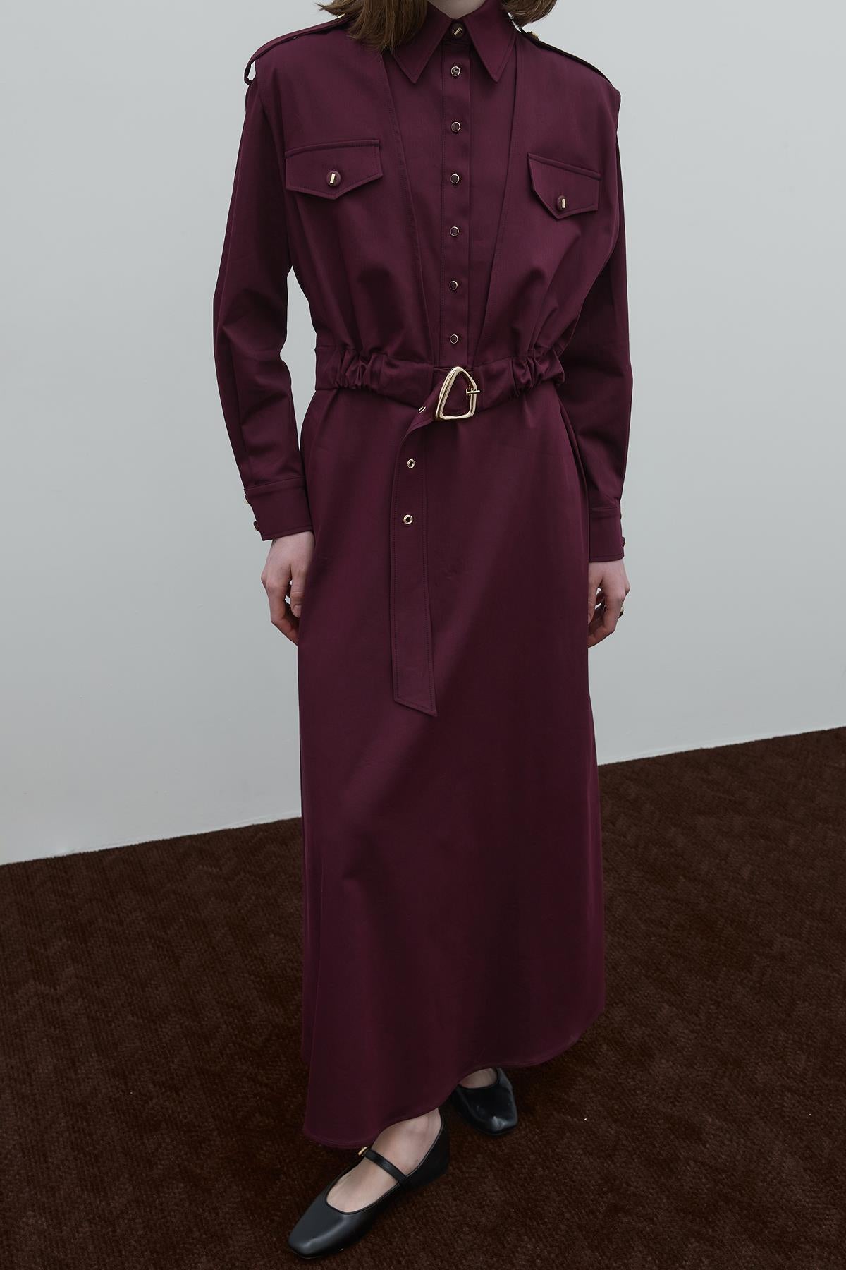 Cep Detaylı Kemerli Cupro Gömlek Elbise