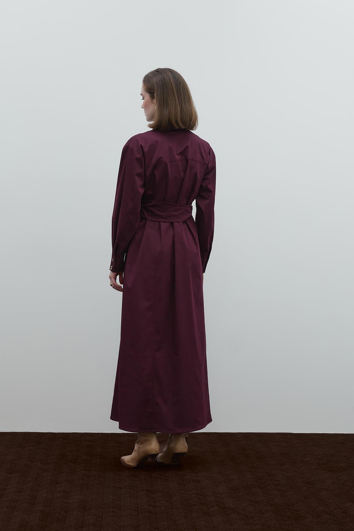 Cep Detaylı Kemerli Cupro Gömlek Elbise