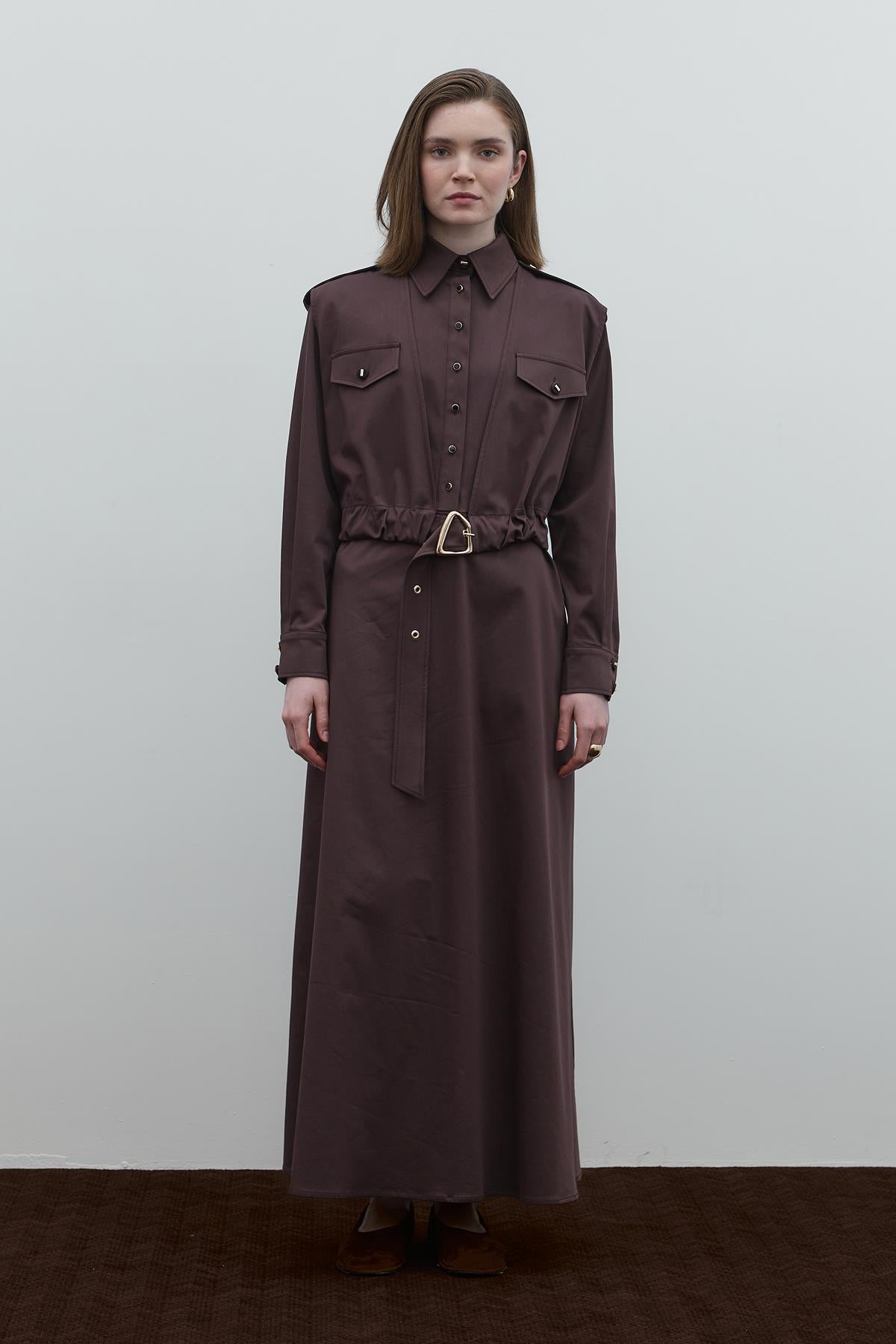 Cep Detaylı Kemerli Cupro Gömlek Elbise