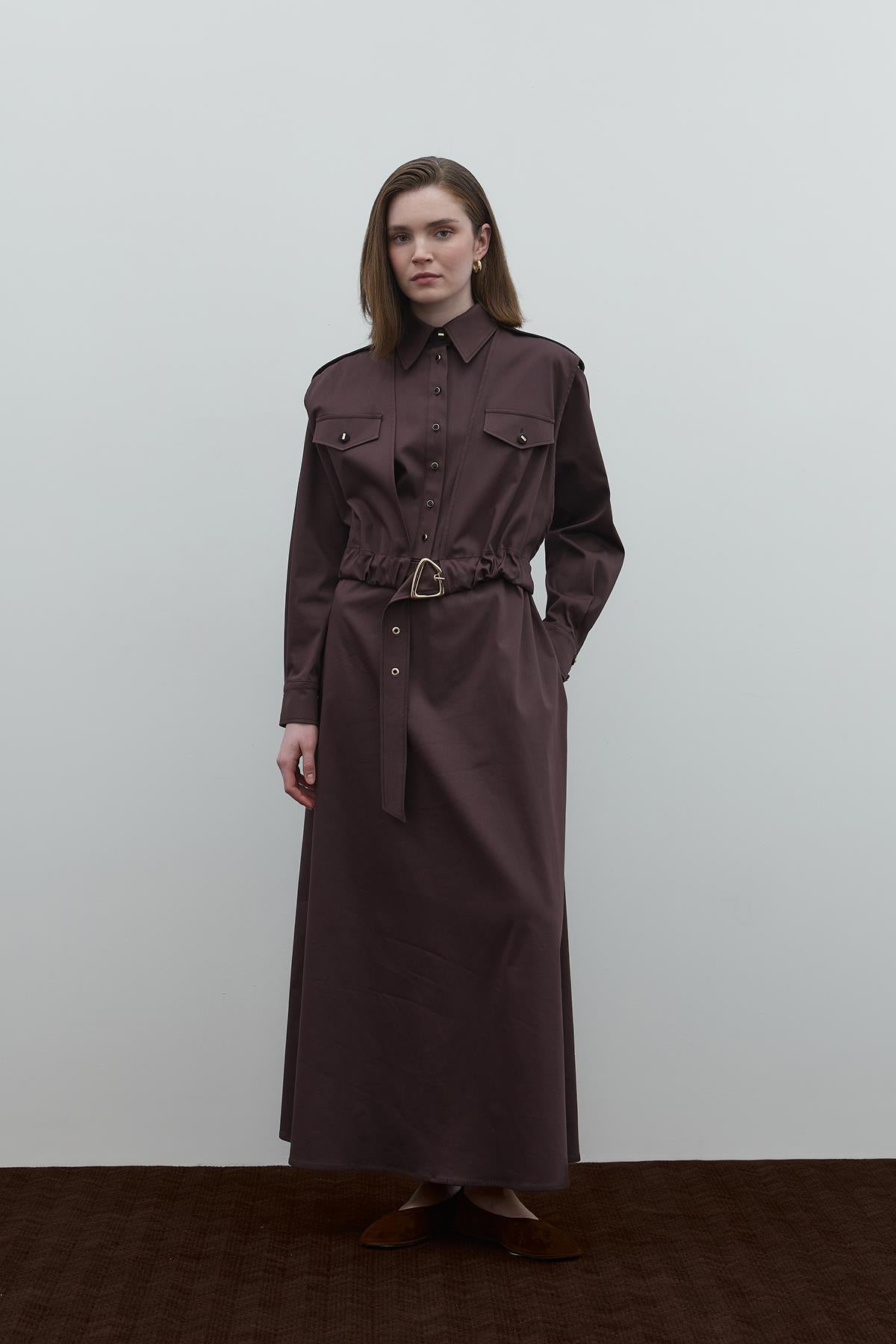 Cep Detaylı Kemerli Cupro Gömlek Elbise