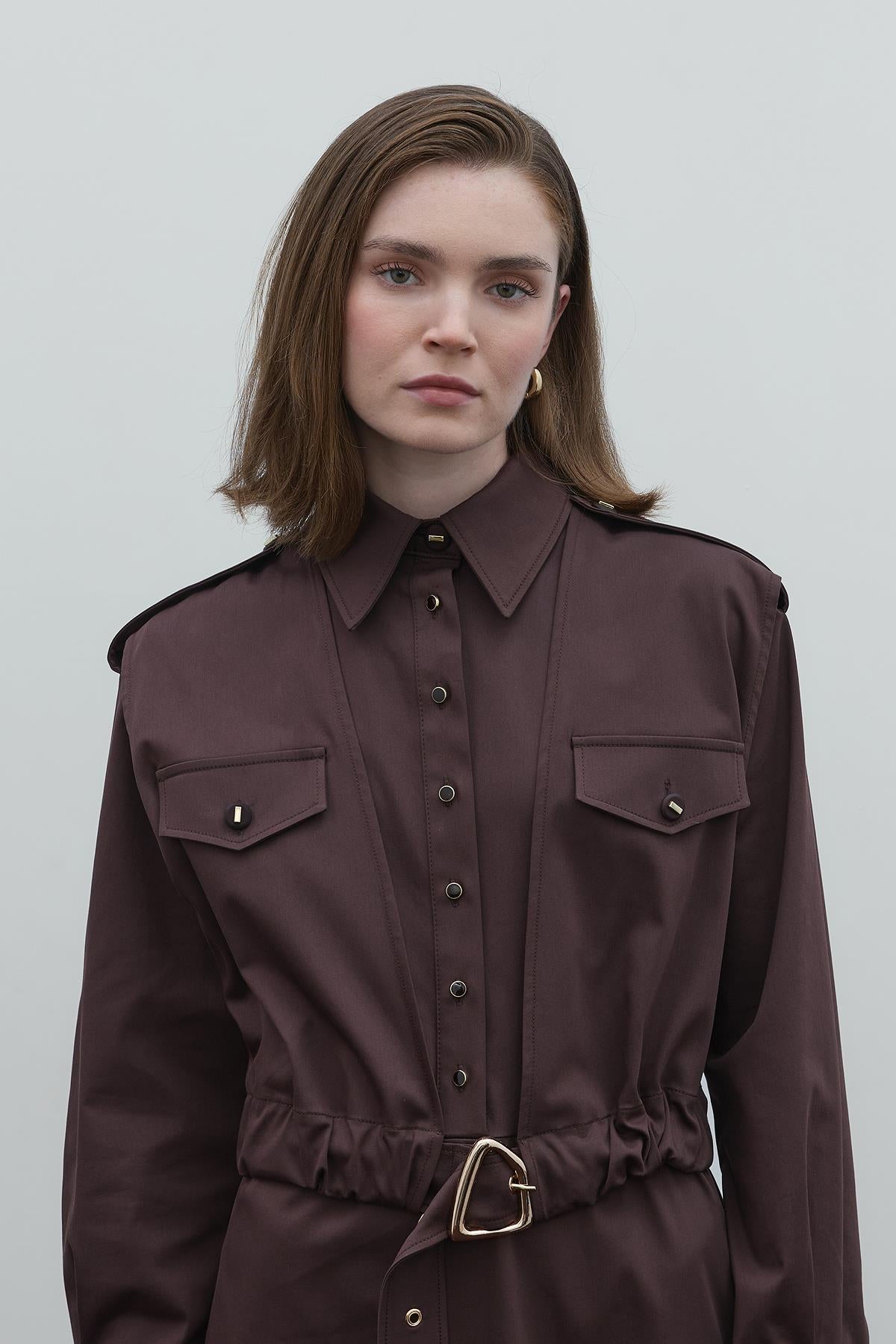 Cep Detaylı Kemerli Cupro Gömlek Elbise