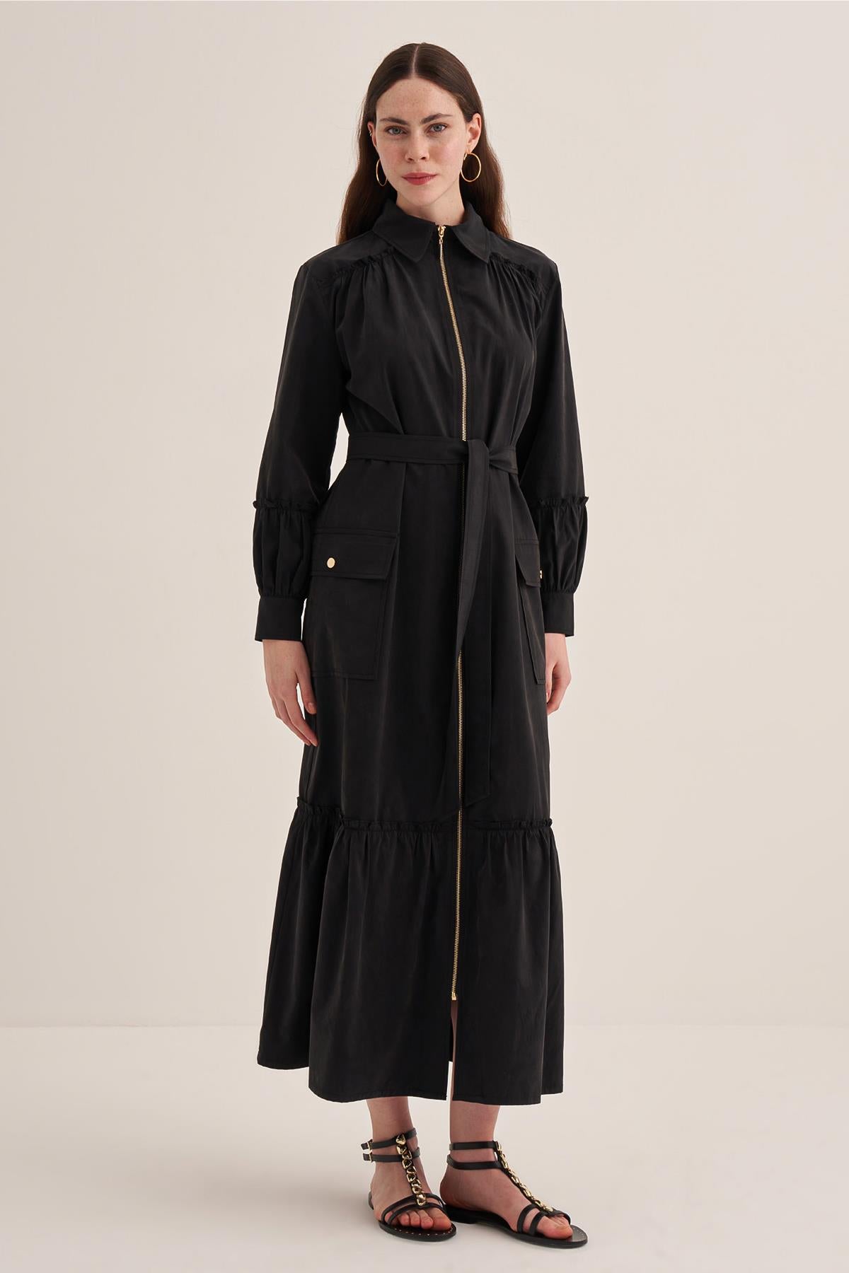 Front Zipper Shirt Collar Poplin Dress