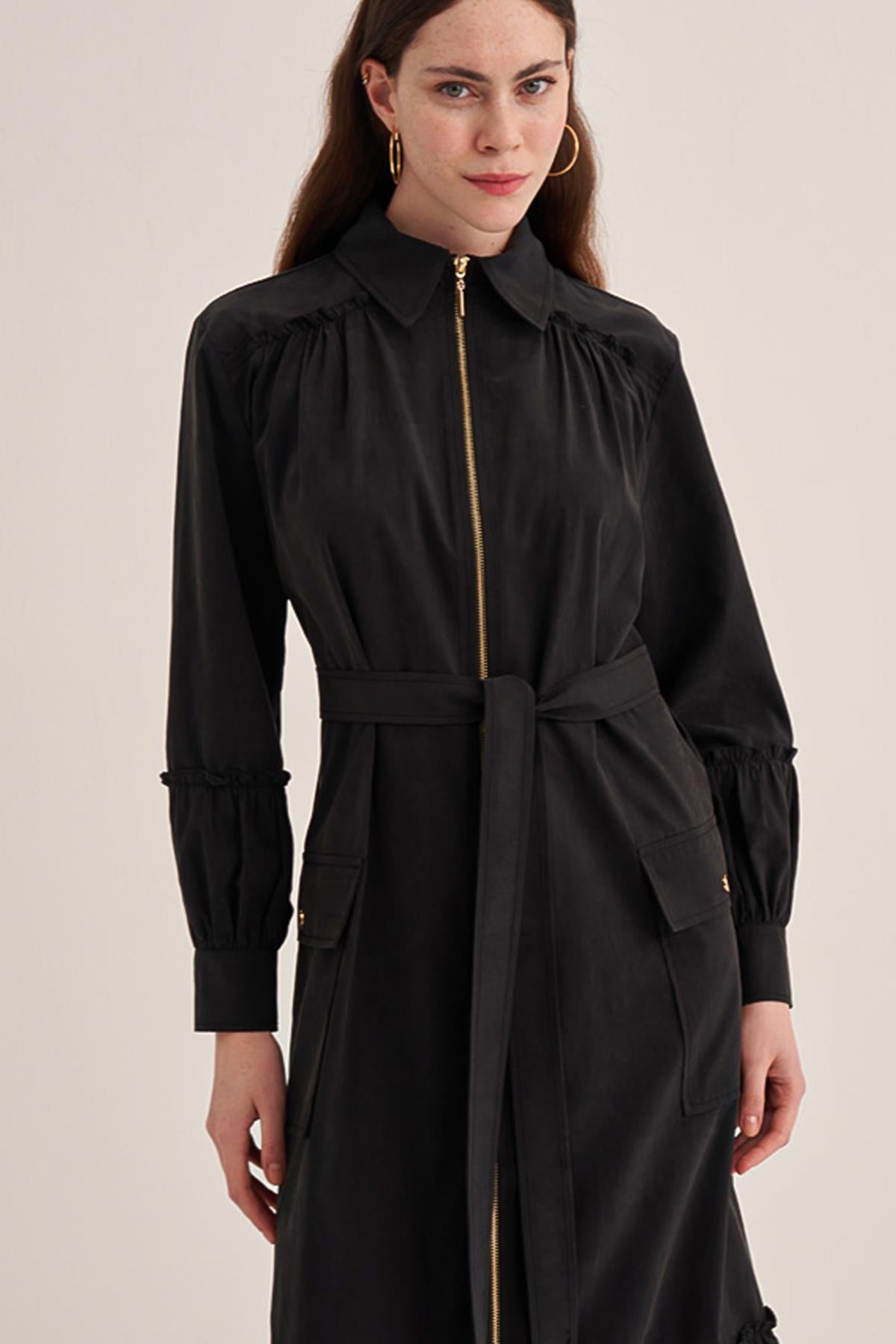 Front Zipper Shirt Collar Poplin Dress