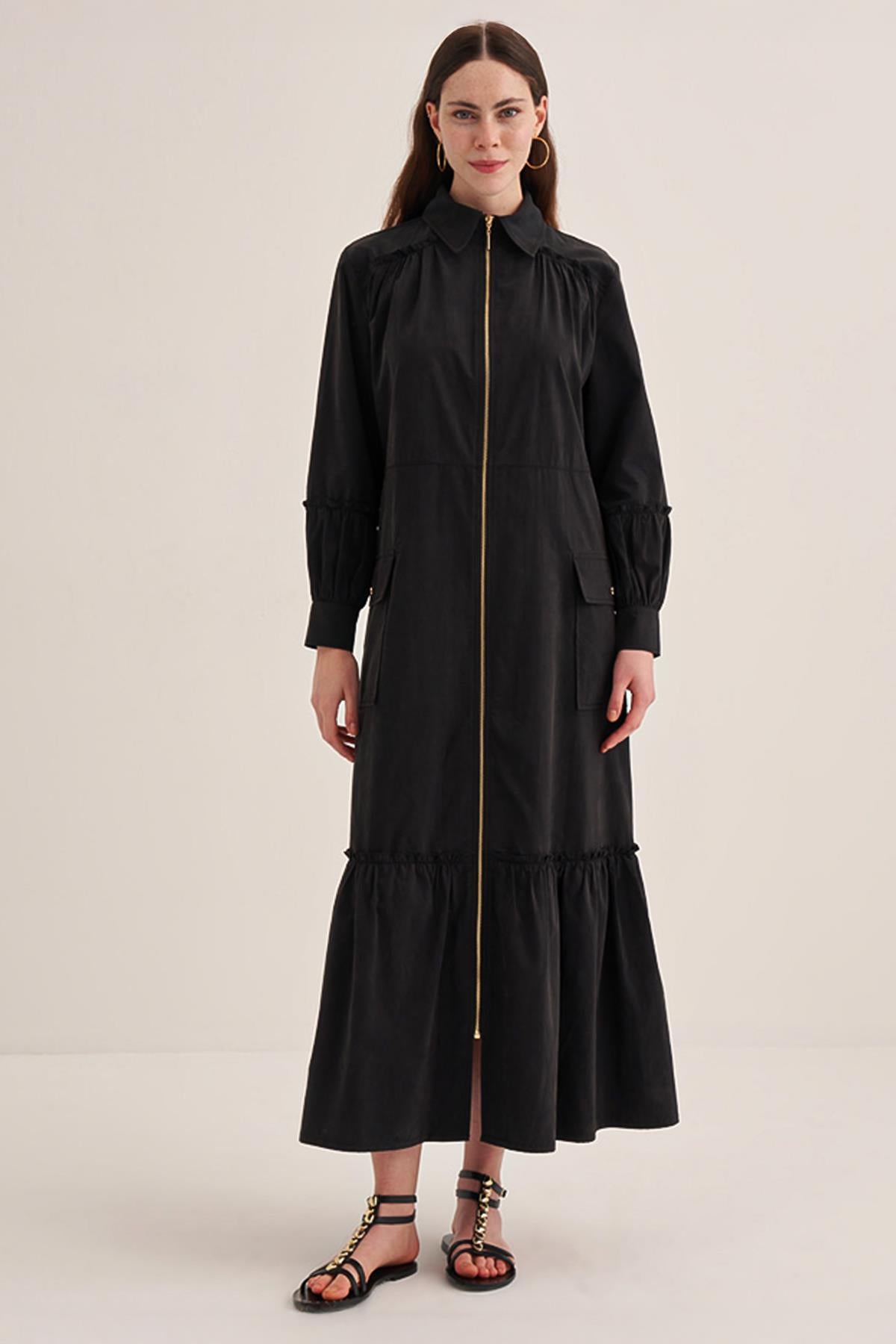 Front Zipper Shirt Collar Poplin Dress