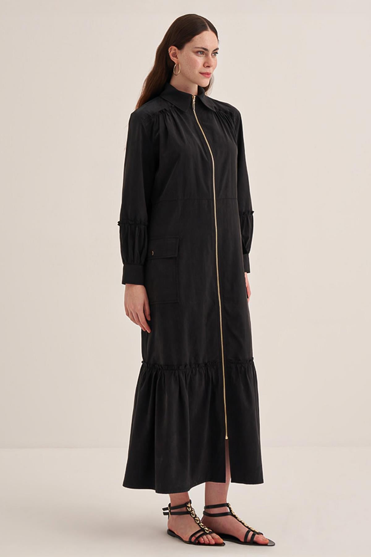 Front Zipper Shirt Collar Poplin Dress