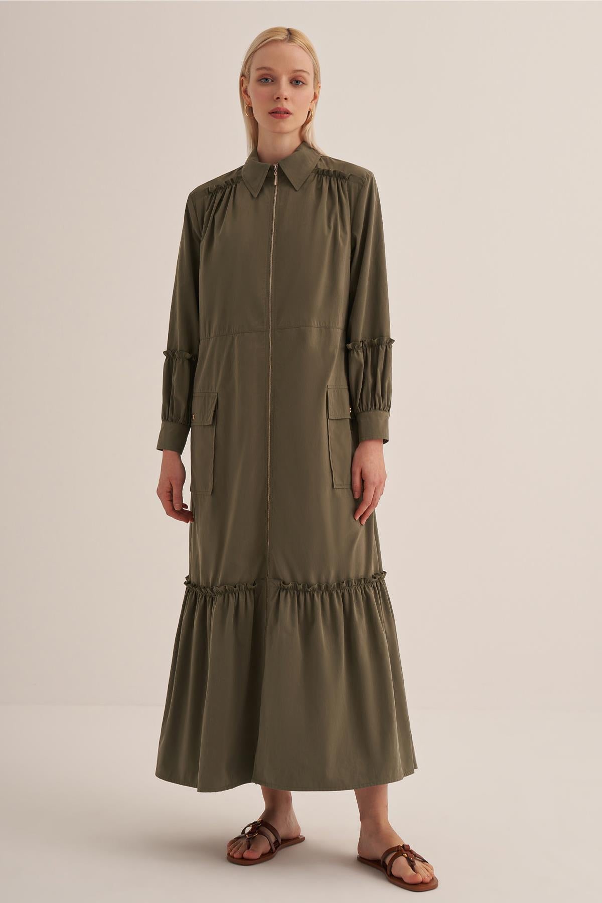 Front Zipper Shirt Collar Poplin Dress