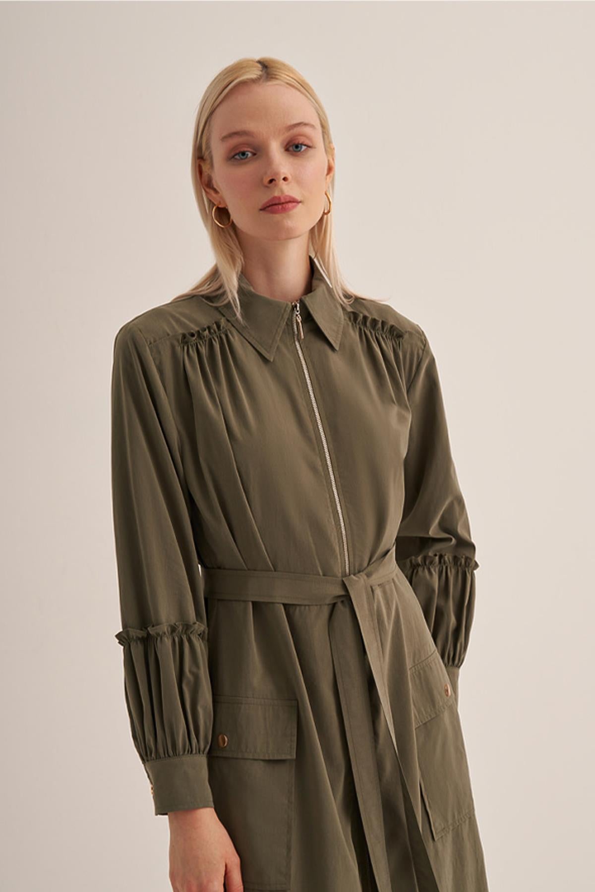 Front Zipper Shirt Collar Poplin Dress