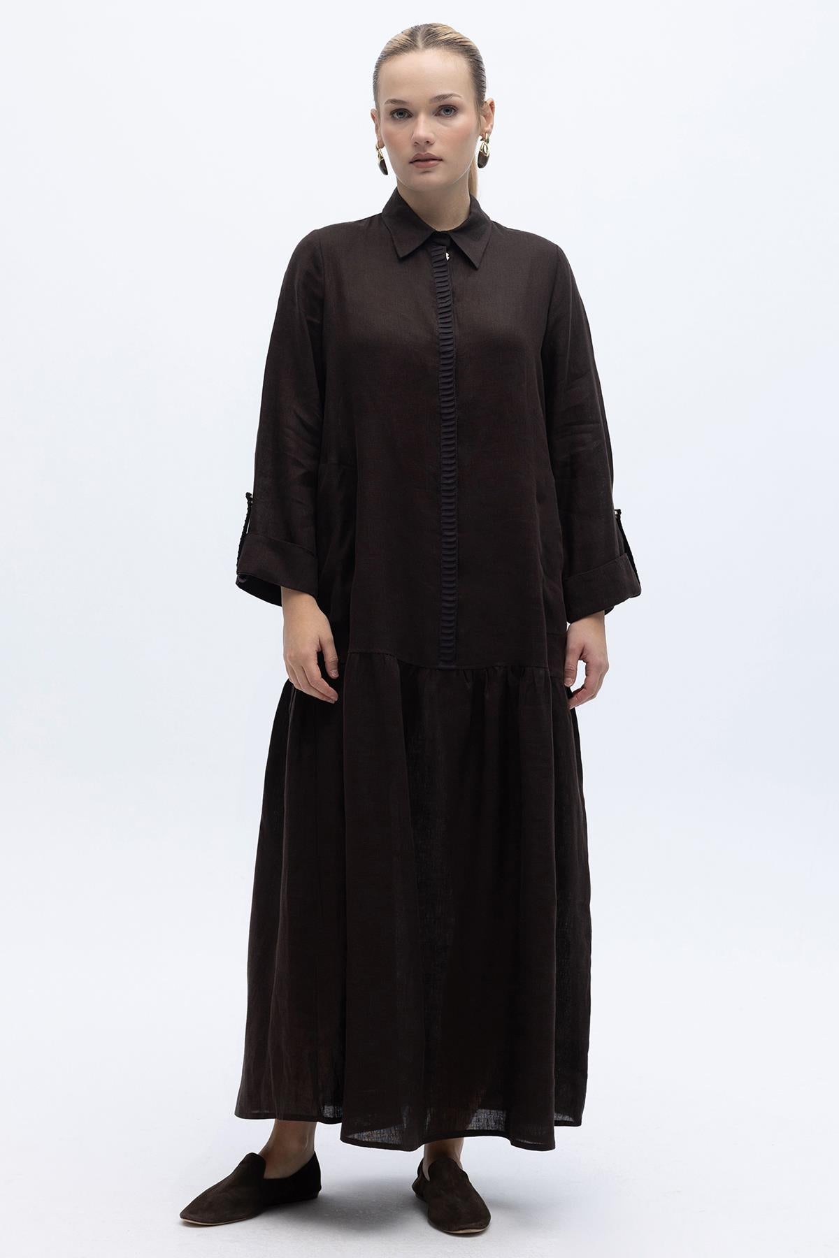 Gömlek Yaka Bekletme Detaylı Keten Elbise