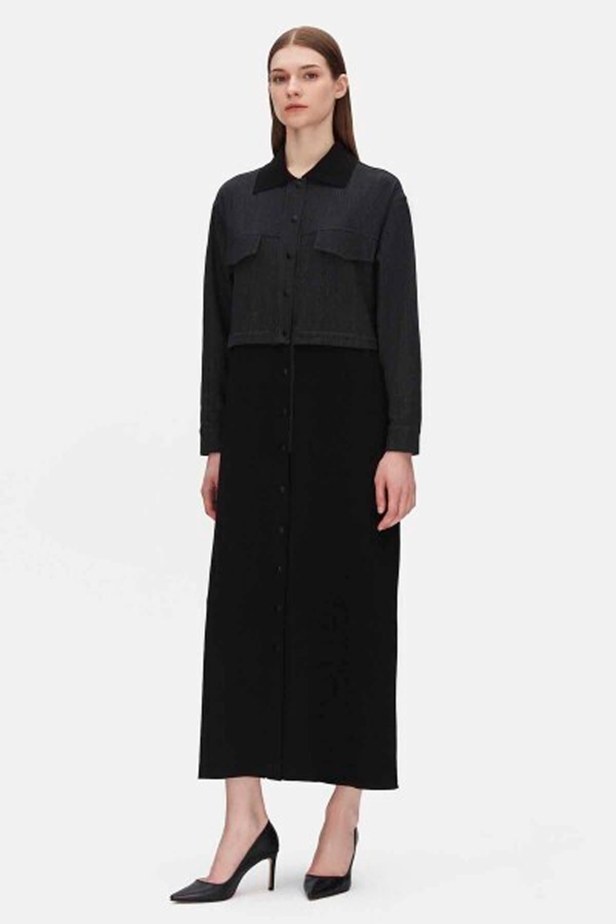 Kapüşonlu Triko Detaylı Düğmeli Denim Kap