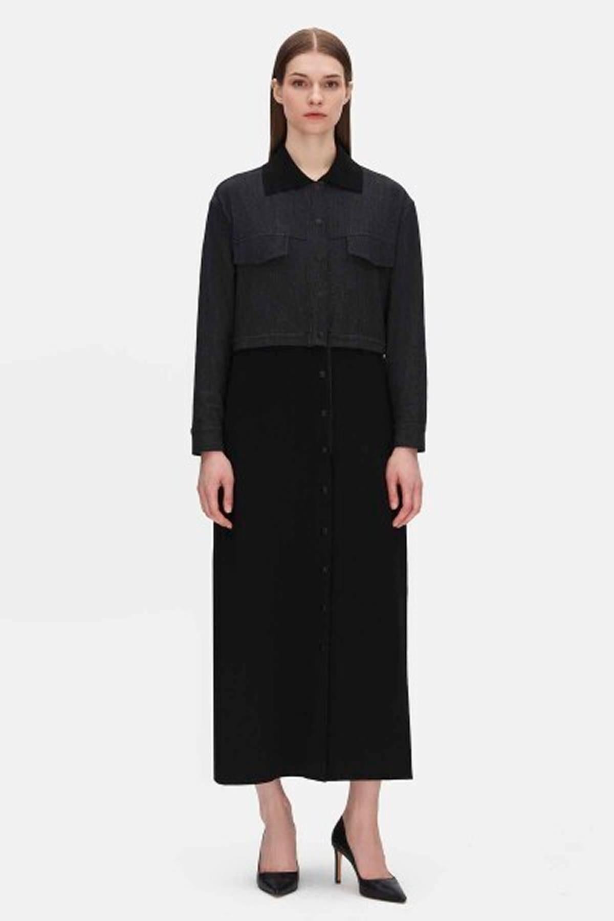 Kapüşonlu Triko Detaylı Düğmeli Denim Kap