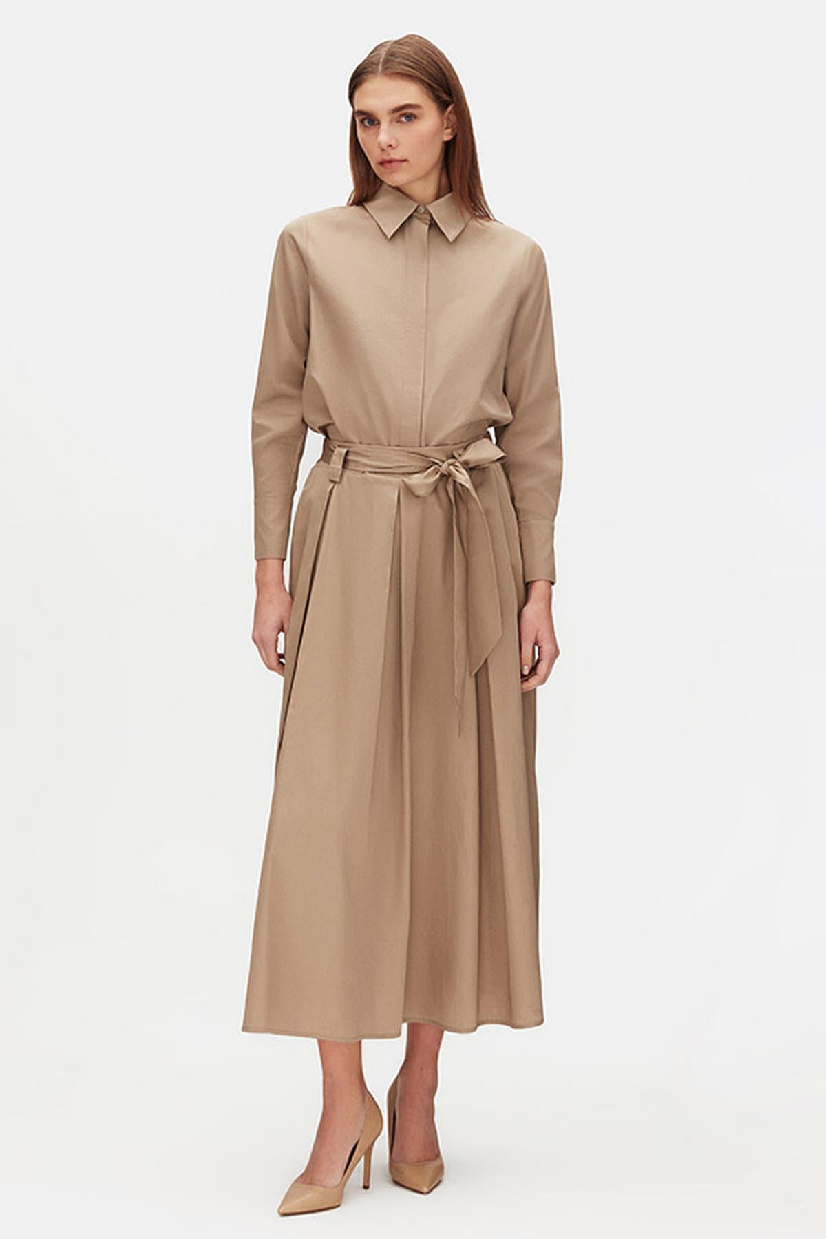 Belted Waist Relaxed Cut Fabric Skirt