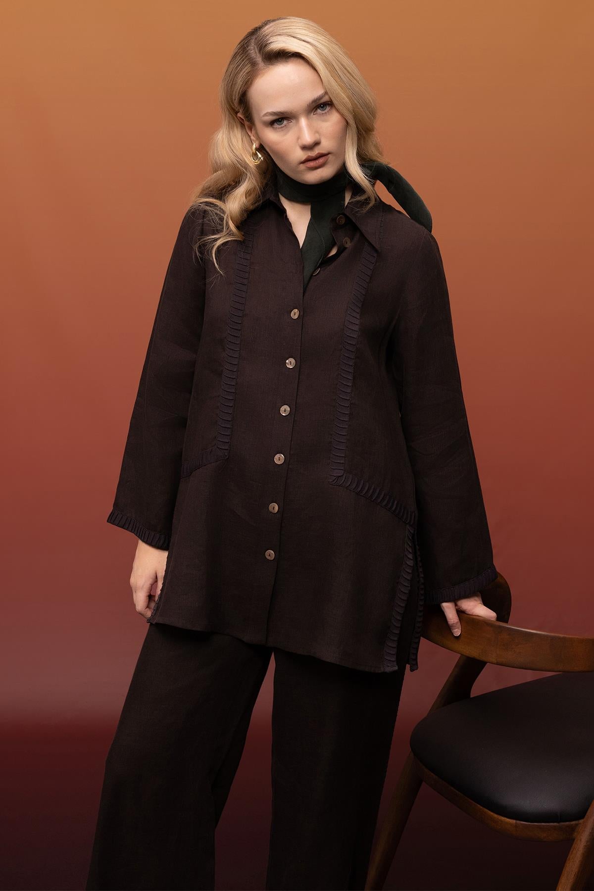 Slit Detailed Shirt Collar Linen Tunic