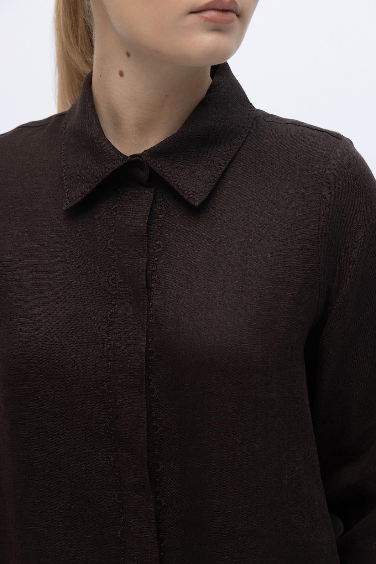 Minimal Nakışlı Uzun Keten Tunik