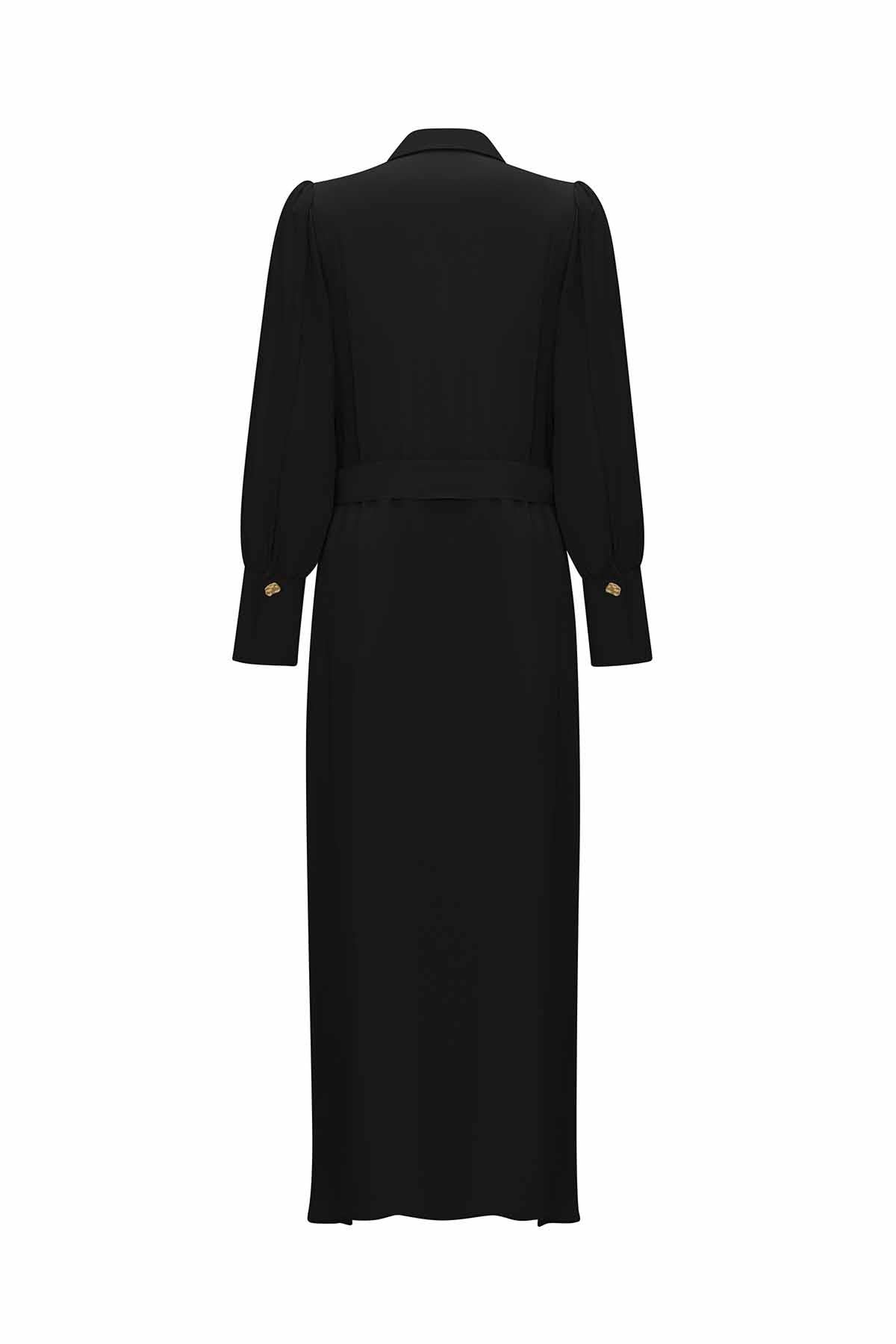 Düğme Detaylı Kuşaklı Gömlek Yaka Elbise