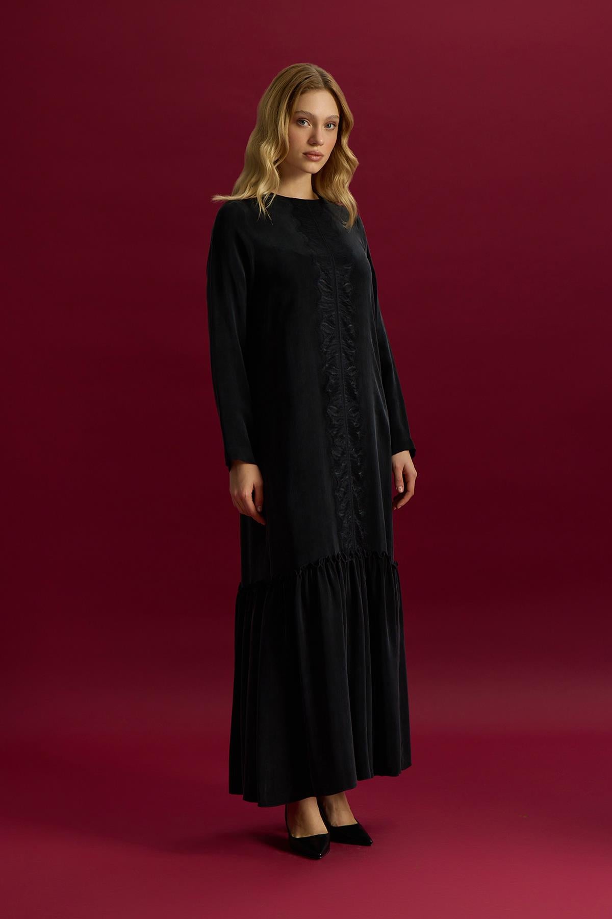 Önü Dantelli Cupro Elbise