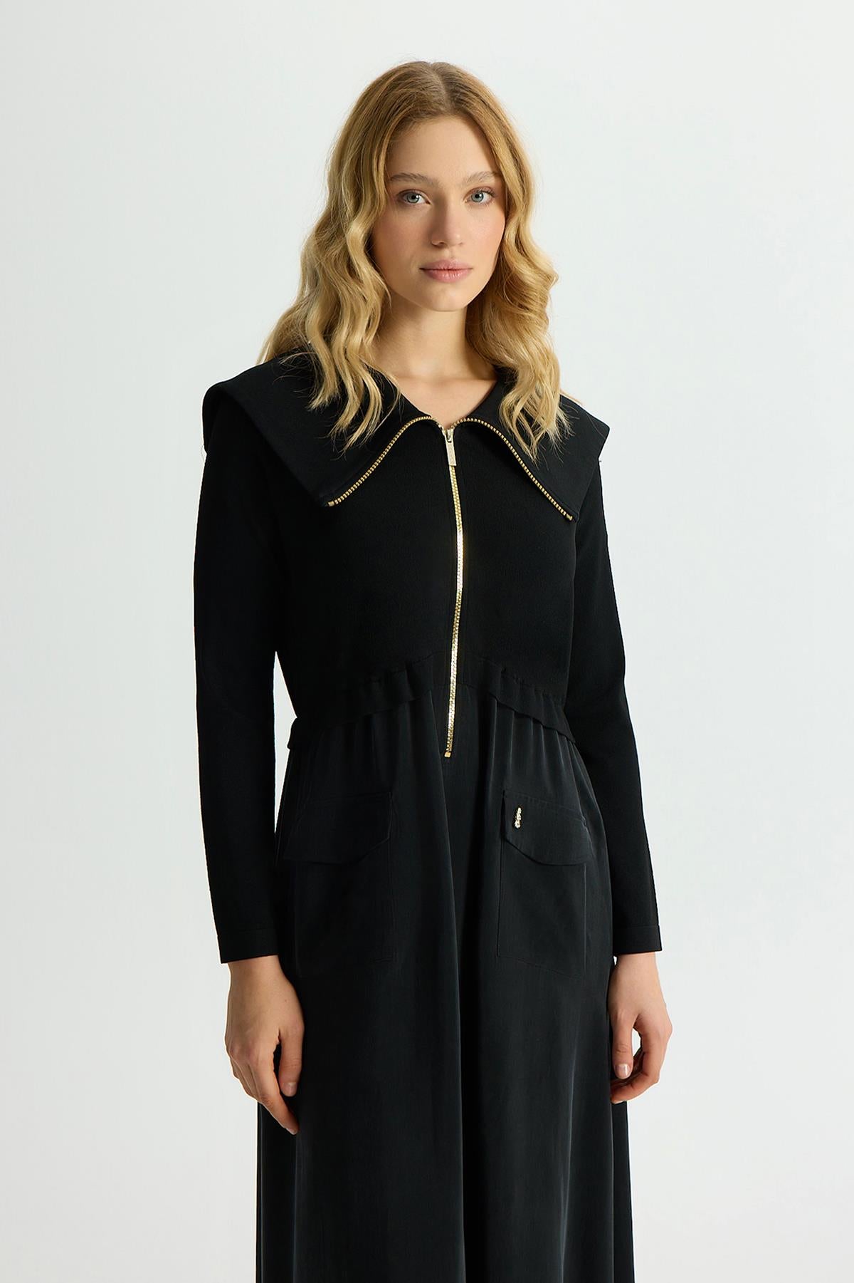 Fermuar Detaylı Yüksek Yakalı Cupro Elbise