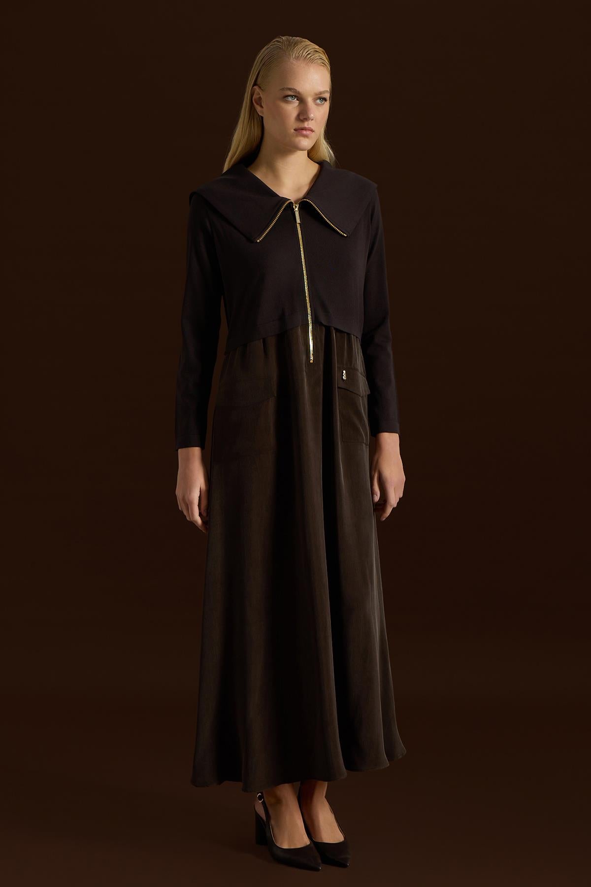 Fermuar Detaylı Yüksek Yakalı Cupro Elbise