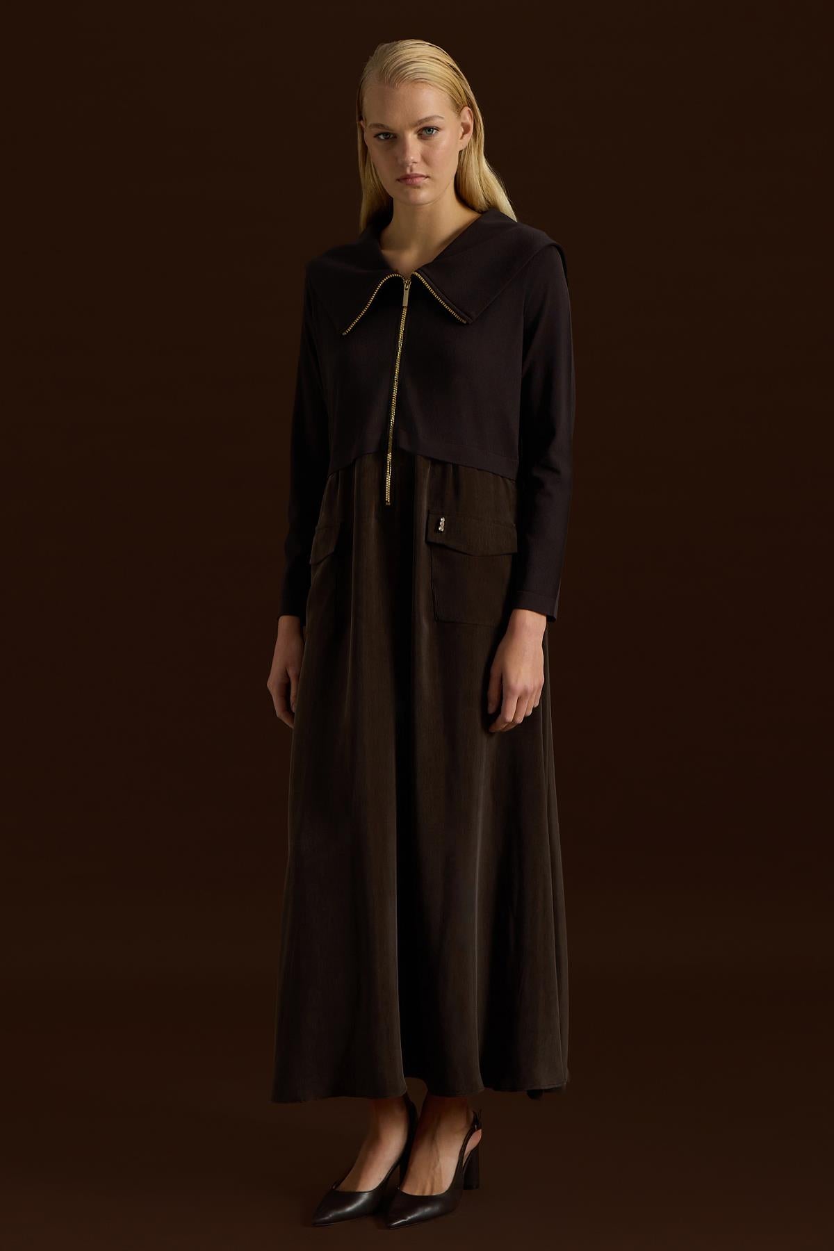 Fermuar Detaylı Yüksek Yakalı Cupro Elbise