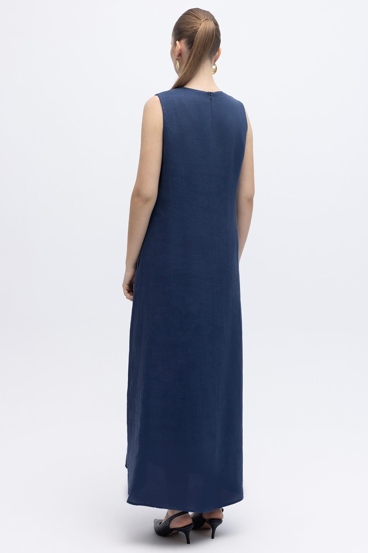 Kolsuz Düz Renk Keten Elbise