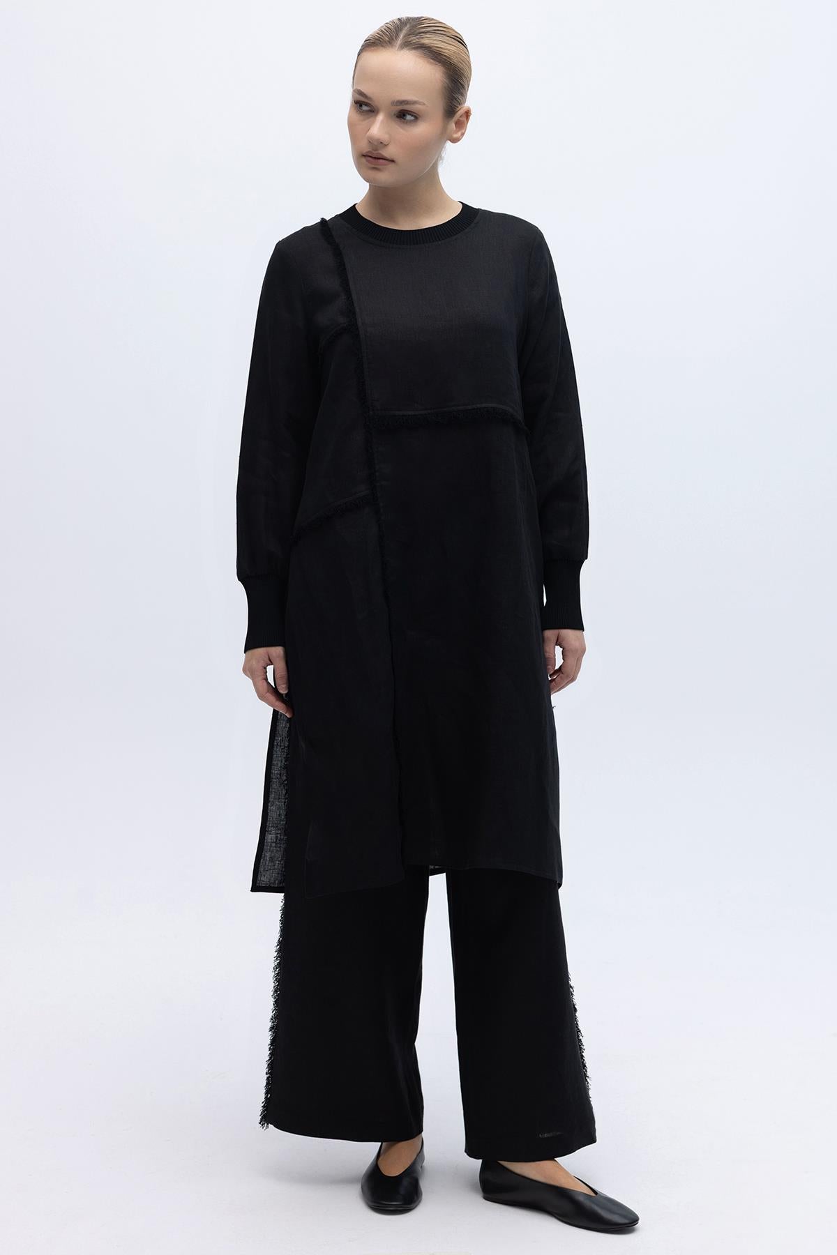 Wide-Leg Linen Trousers with Fringed Sides