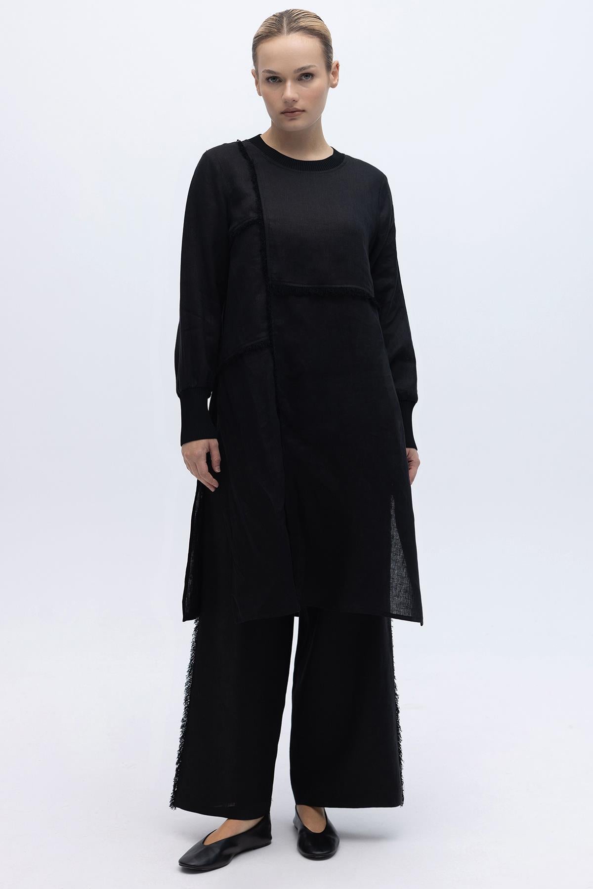 Yanları Püsküllü Bol Paça Keten Pantolon