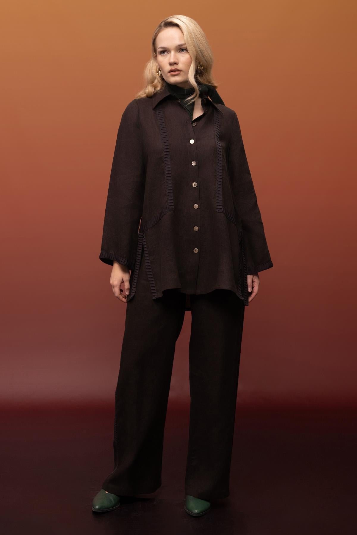 Bekletme Detaylı Bol Paça Keten Pantolon