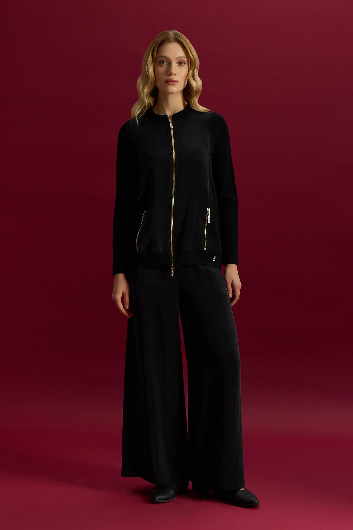 Fermuarlı Cupro Detaylı Triko Ceket