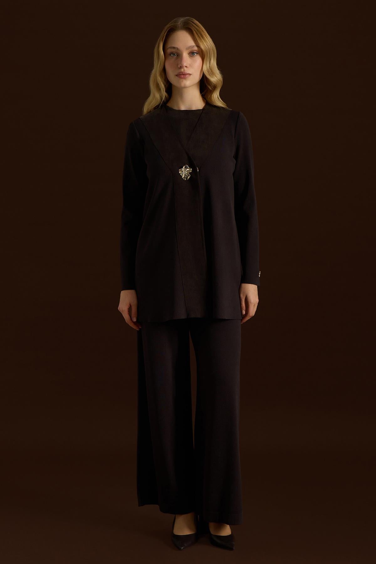 V-Neck Jacket with Brooch Detail