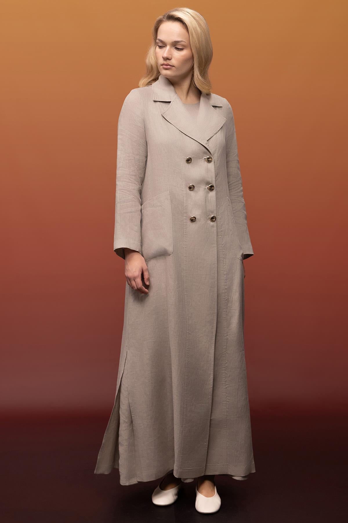 Double-Breasted Full-Length Linen Jacket