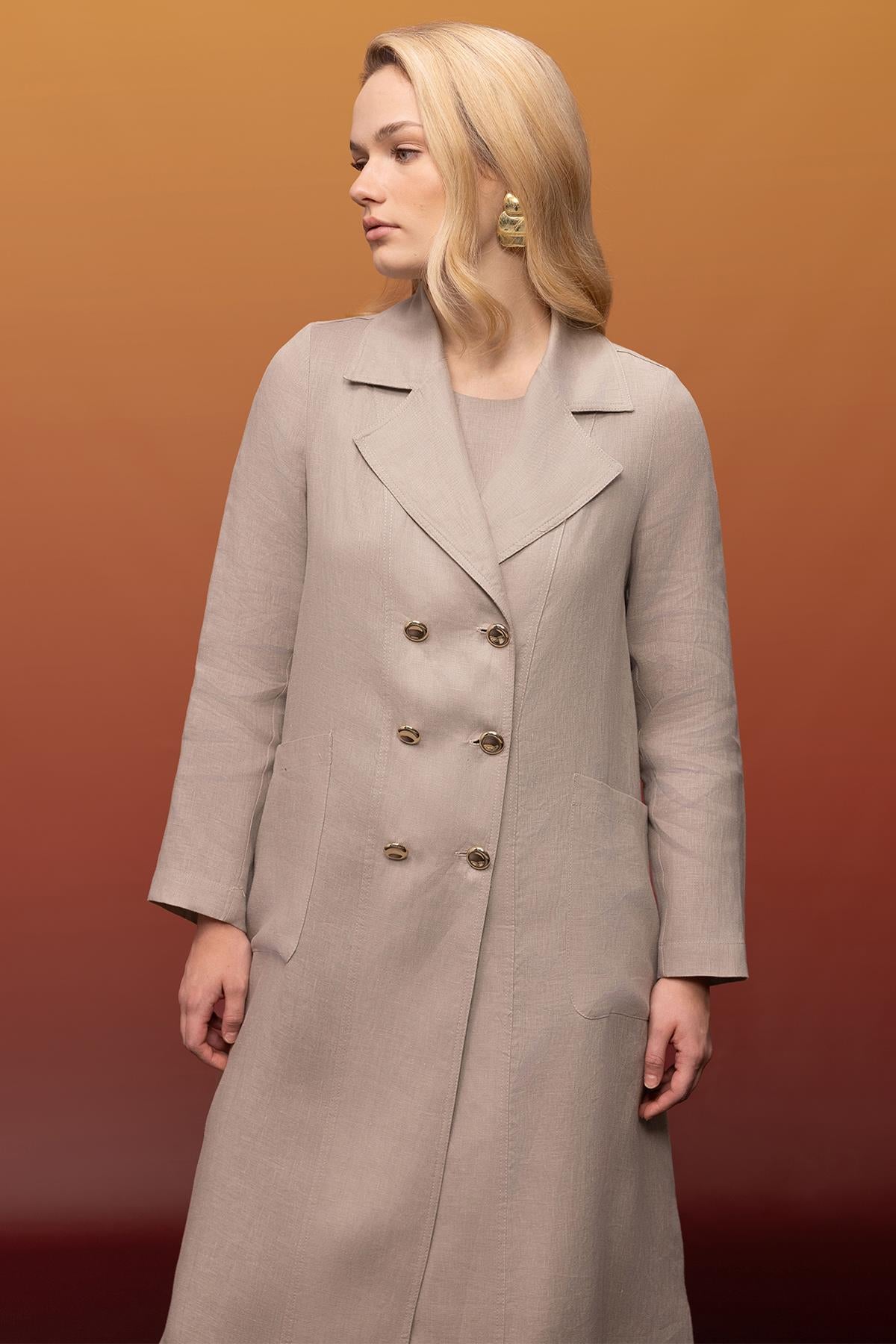 Double-Breasted Full-Length Linen Jacket