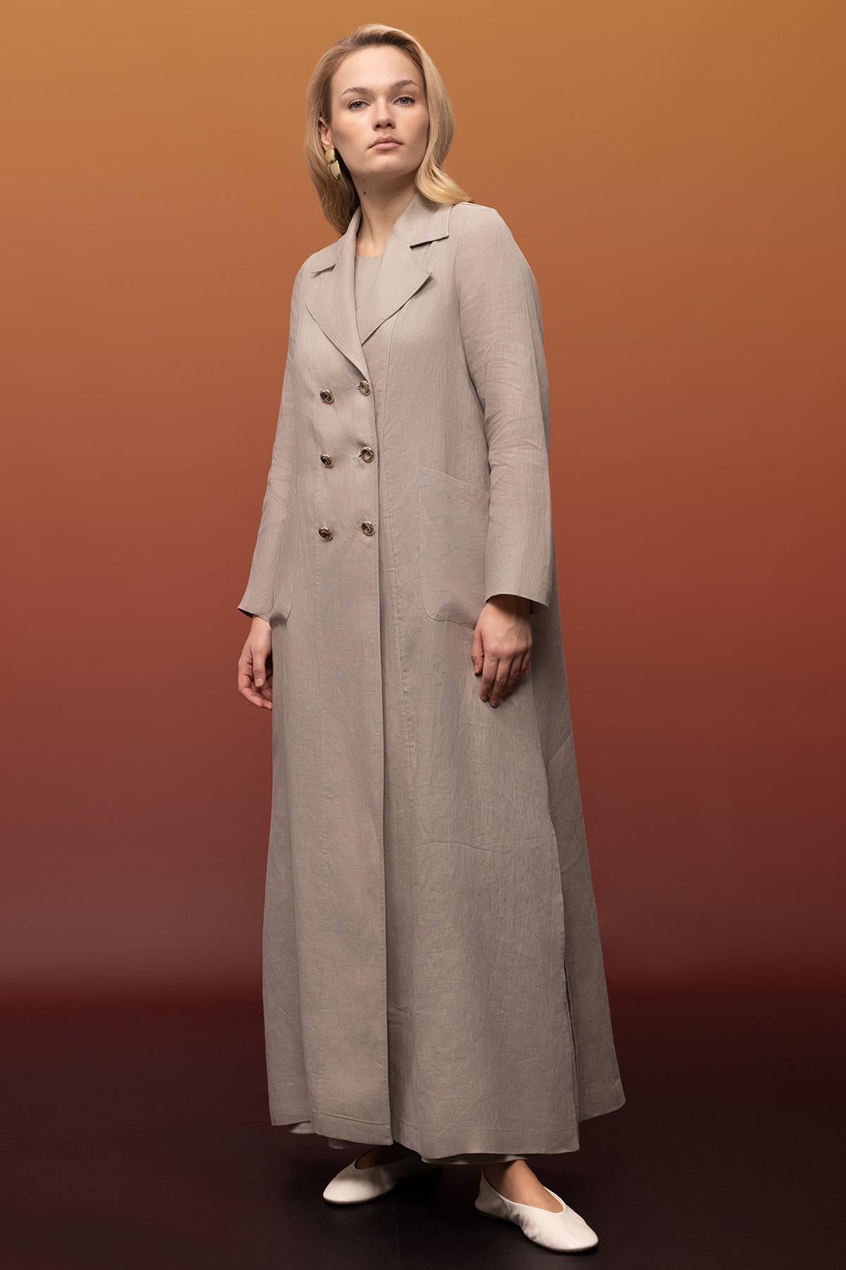 Double-Breasted Full-Length Linen Jacket