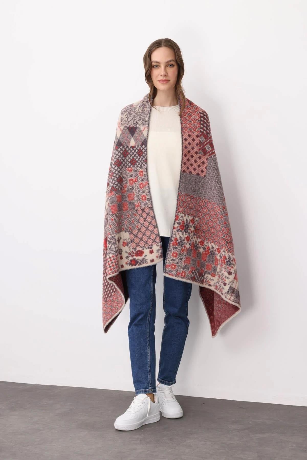 Kırk Yama Desenli Sakallı İp Büyük Şal