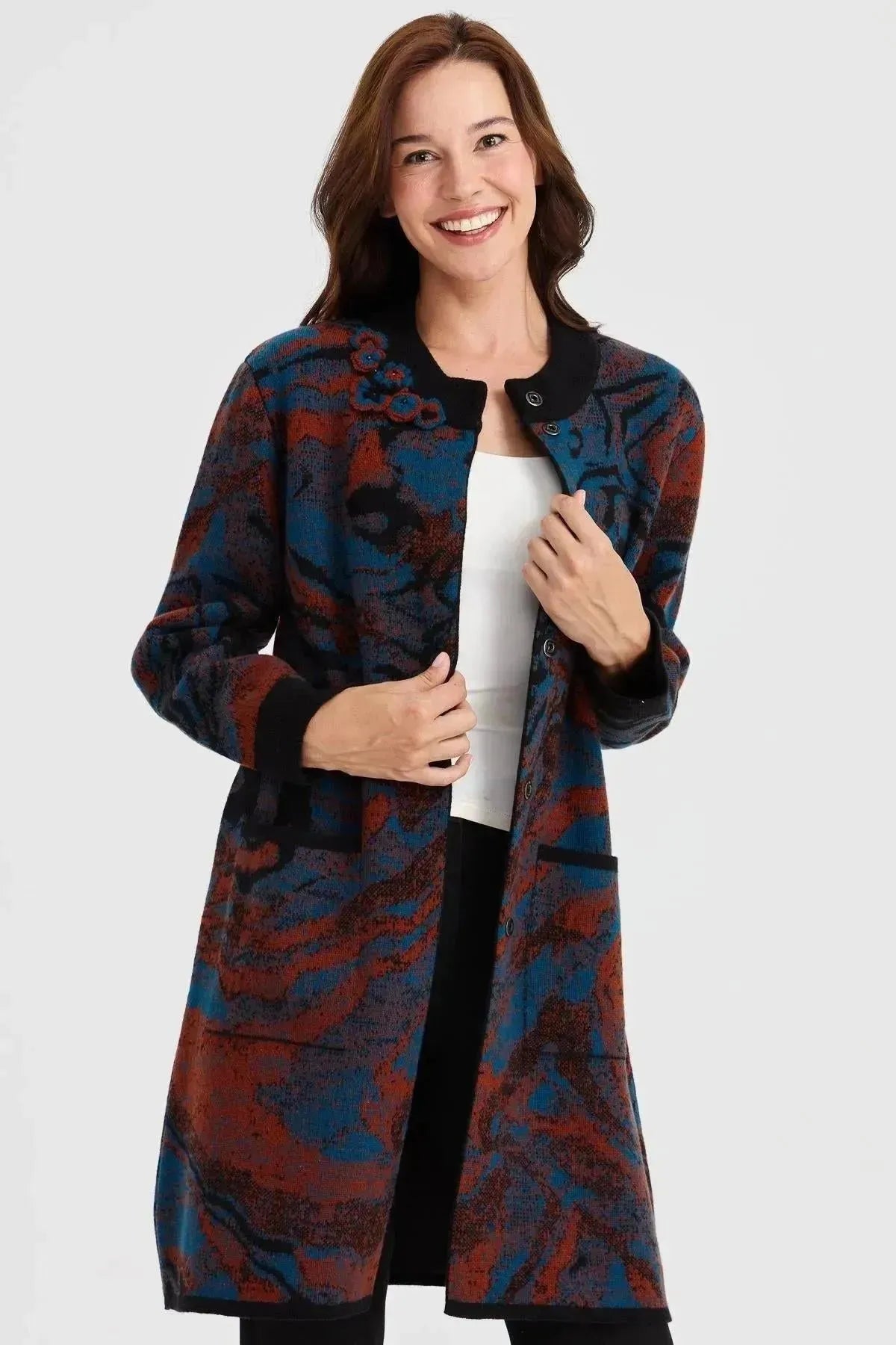 Women's Stand Collar Colorful Wave Patterned Long Wool Coat