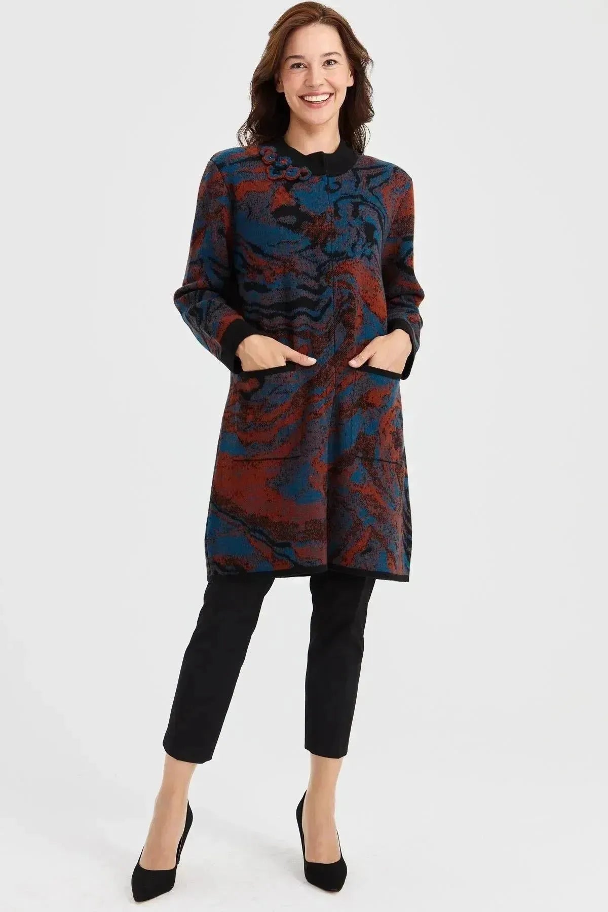 Women's Stand Collar Colorful Wave Patterned Long Wool Coat